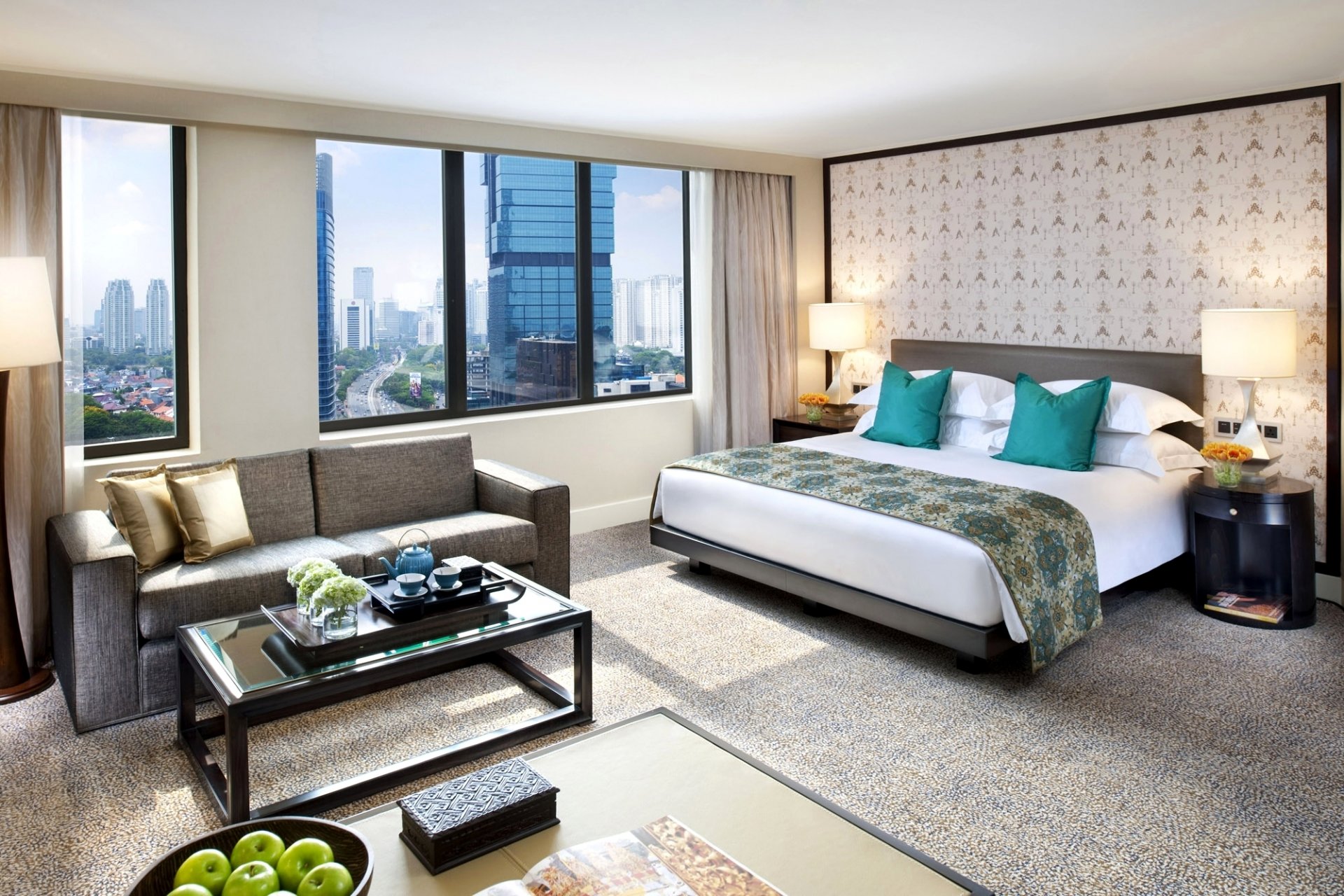 interior design style light white grey bedroom bed tables sofa pillow window views town