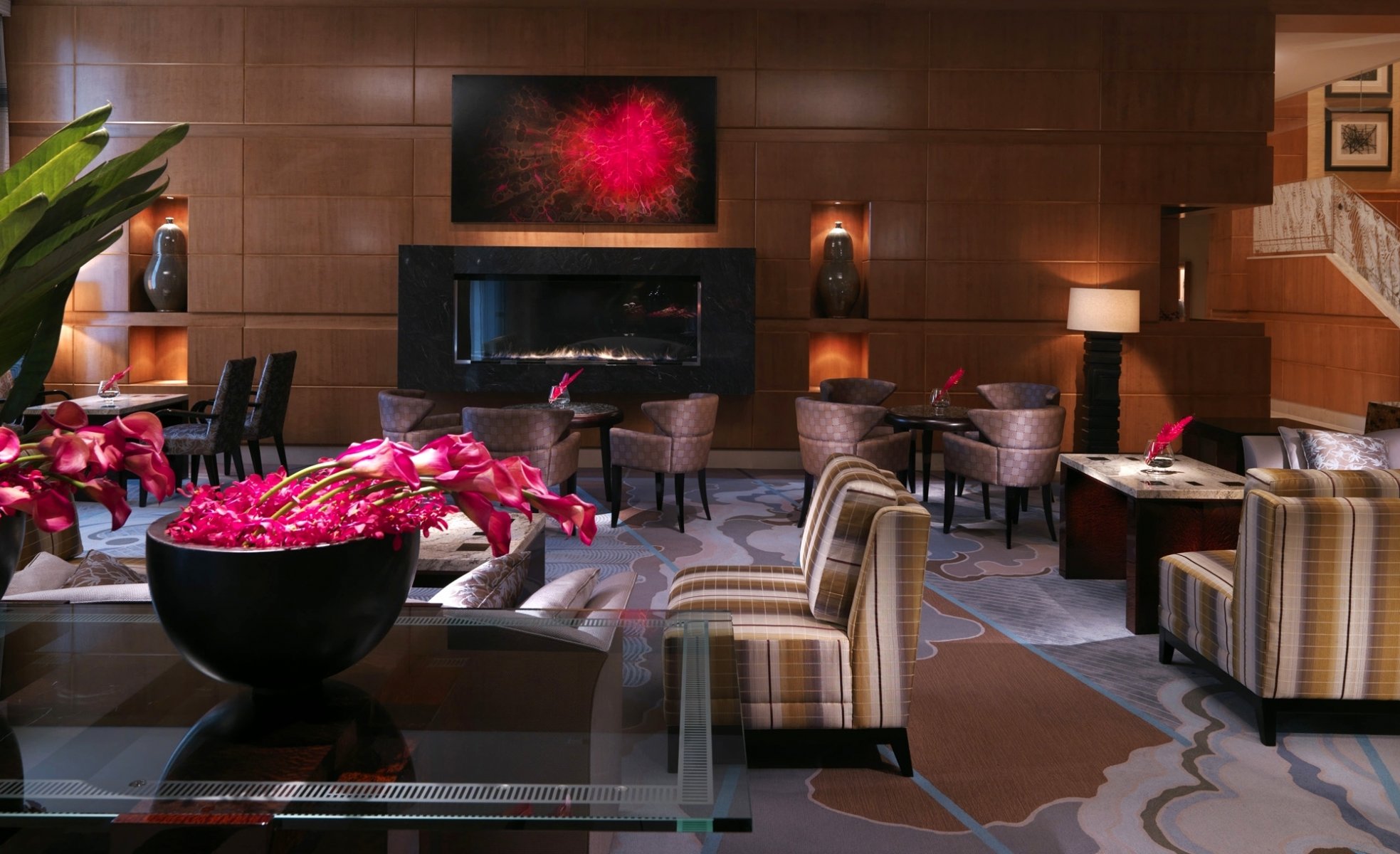interior style design brown lobby bar hotel boston ma boston sofa armchairs tables flower