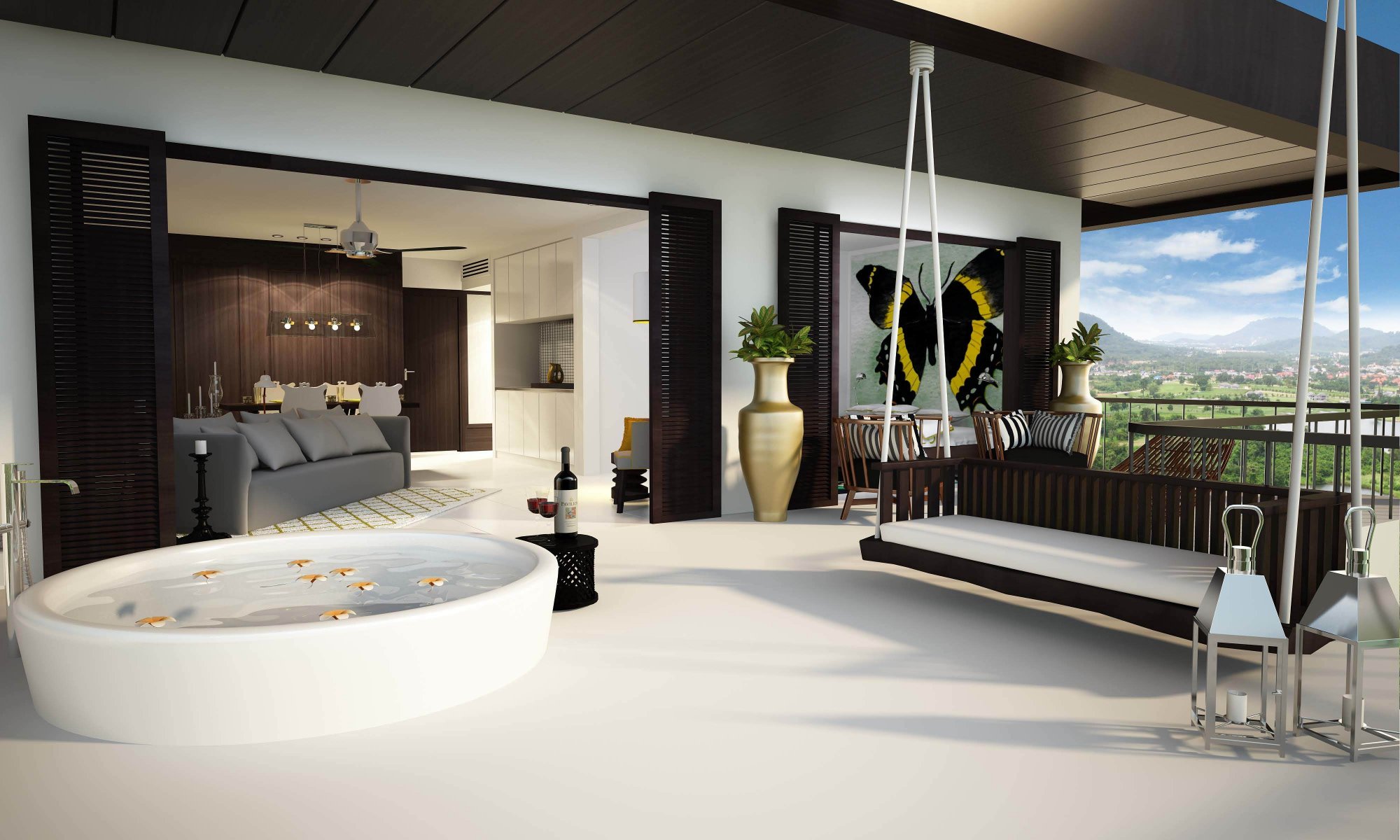 interior design interer kmnata apartment vanaja sofa swing pattern vase armchairs balcony landscape nature mountain.