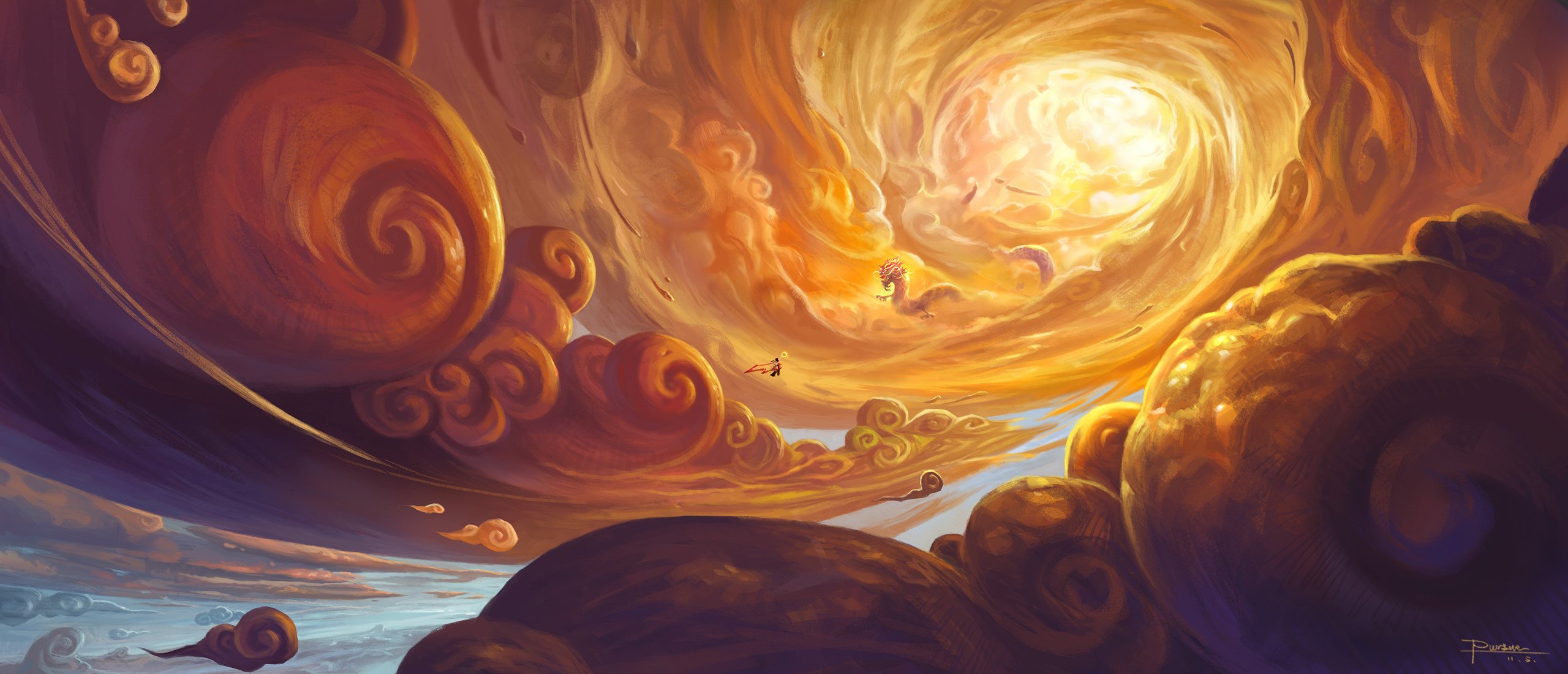 Art of the sun flying in the clouds