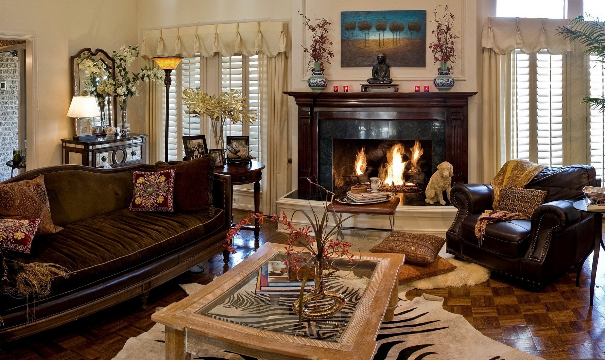interior living room desigen dining sofa chair table kama fire figurine dog window blinds curtains pattern mirror.