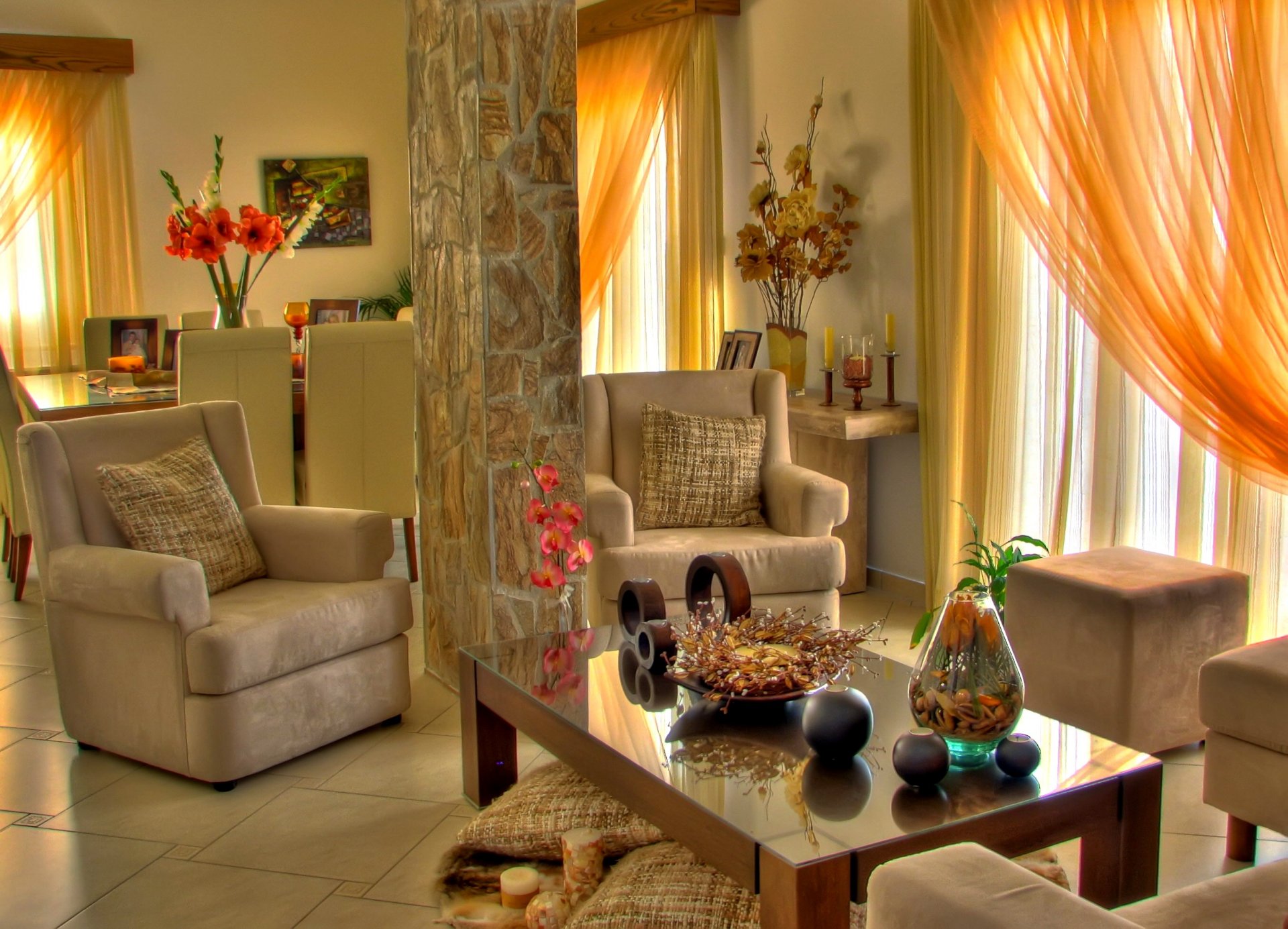 room furniture armchairs ottoman pillow vase flower gladiolus orchid window decoration table chairs candles photo