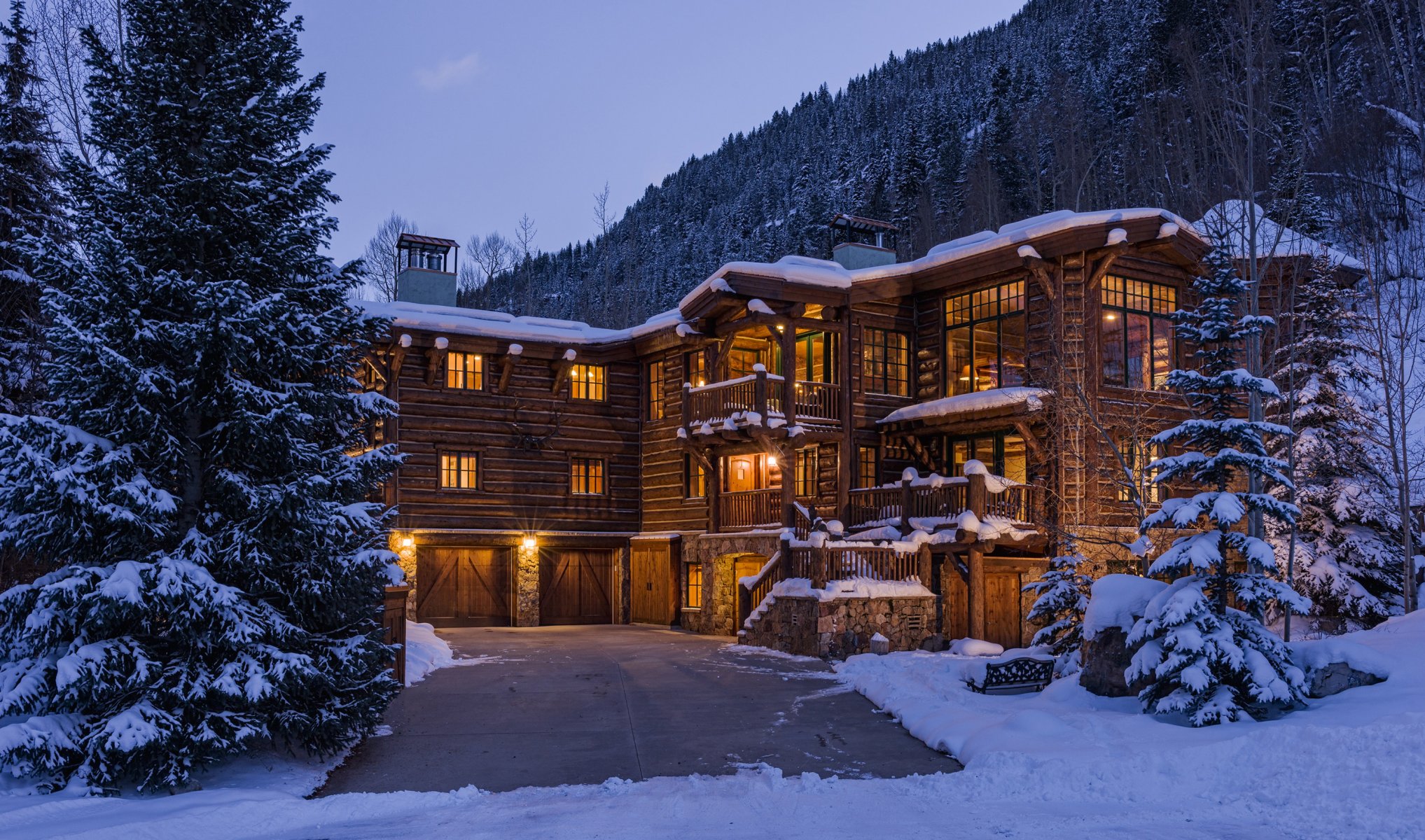 home house country thin wooden forest winter tree evening.