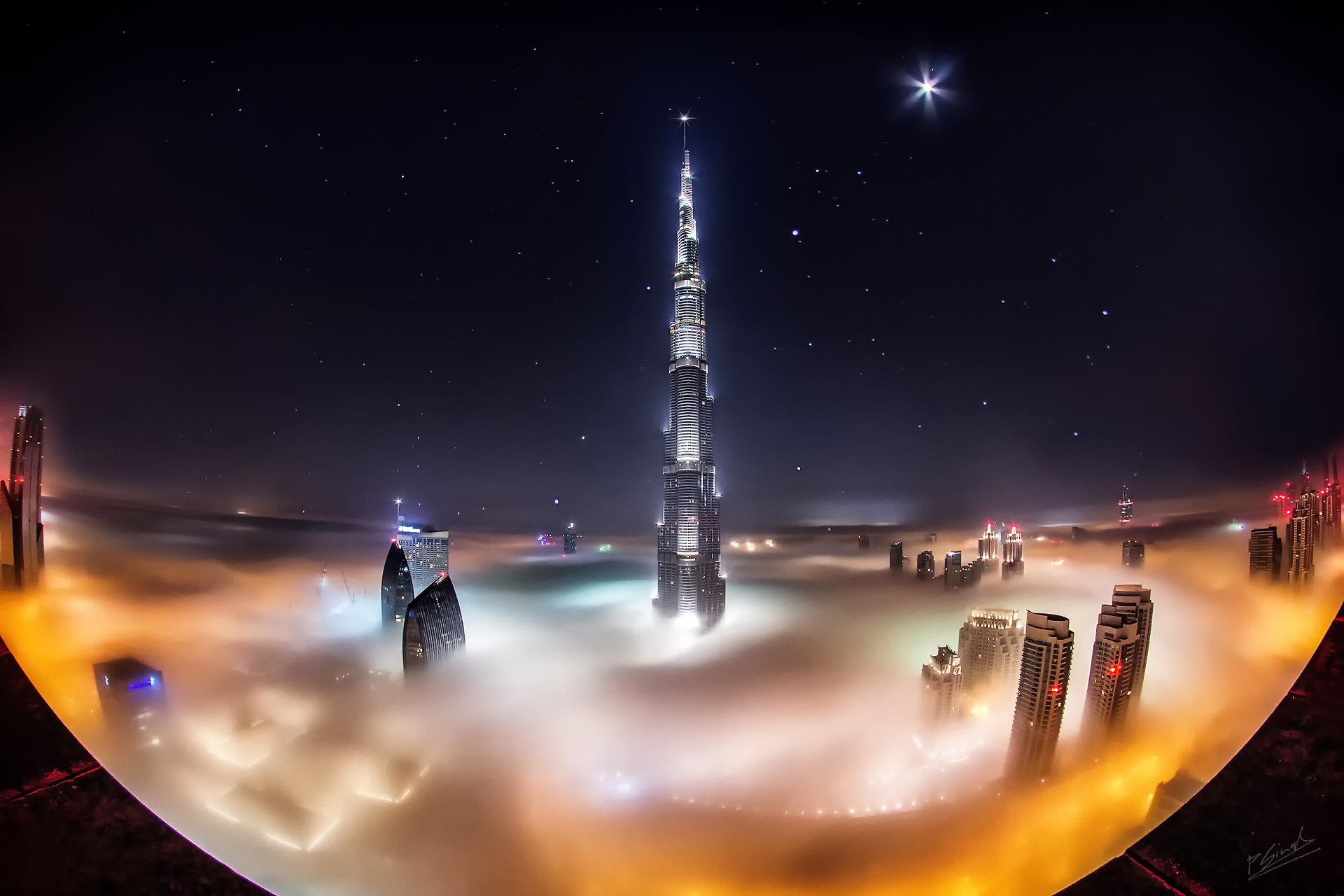 united arab emirates town dubai burj khalifa clouds fog night star
