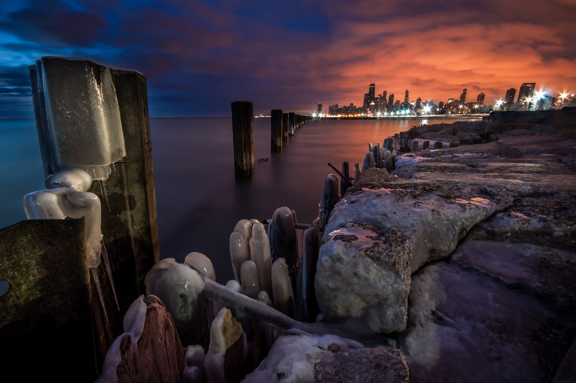 chicago end of winter night lights sunset