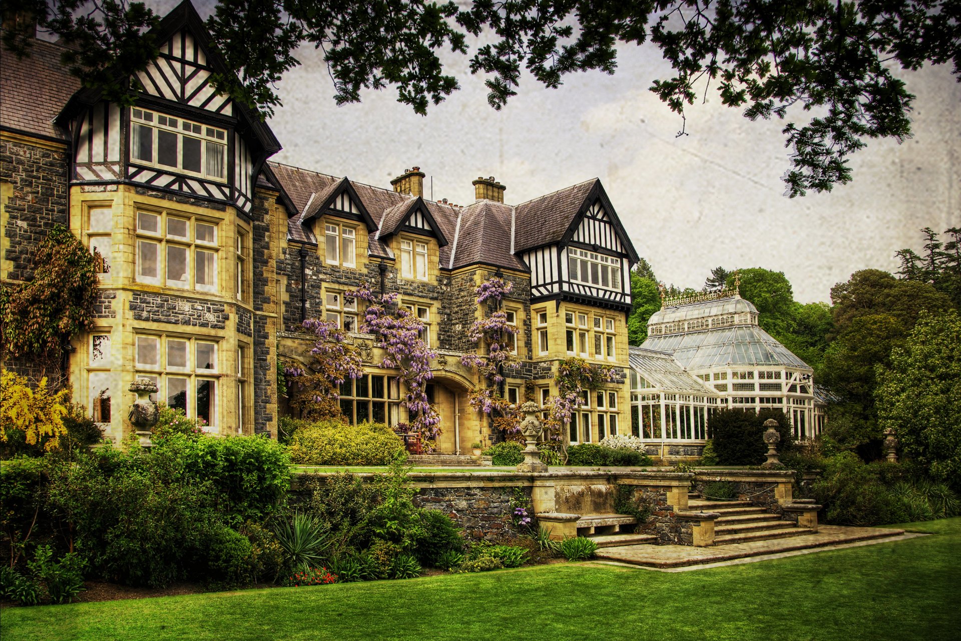united kingdom bodnant gardens wales house supplies grass bush tree processing