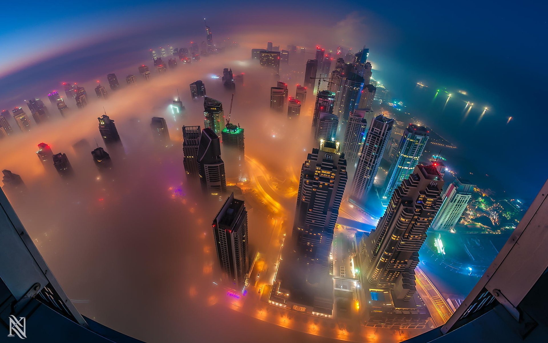 dubai city sky helicopter mist buildings lighting black white red orange yellow blue green pink purple