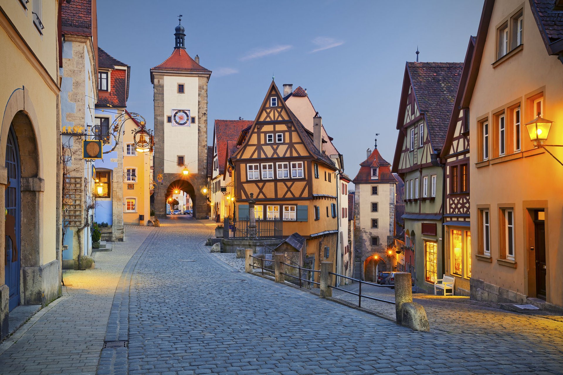 rothenburg germany night lights house street arch tower framework