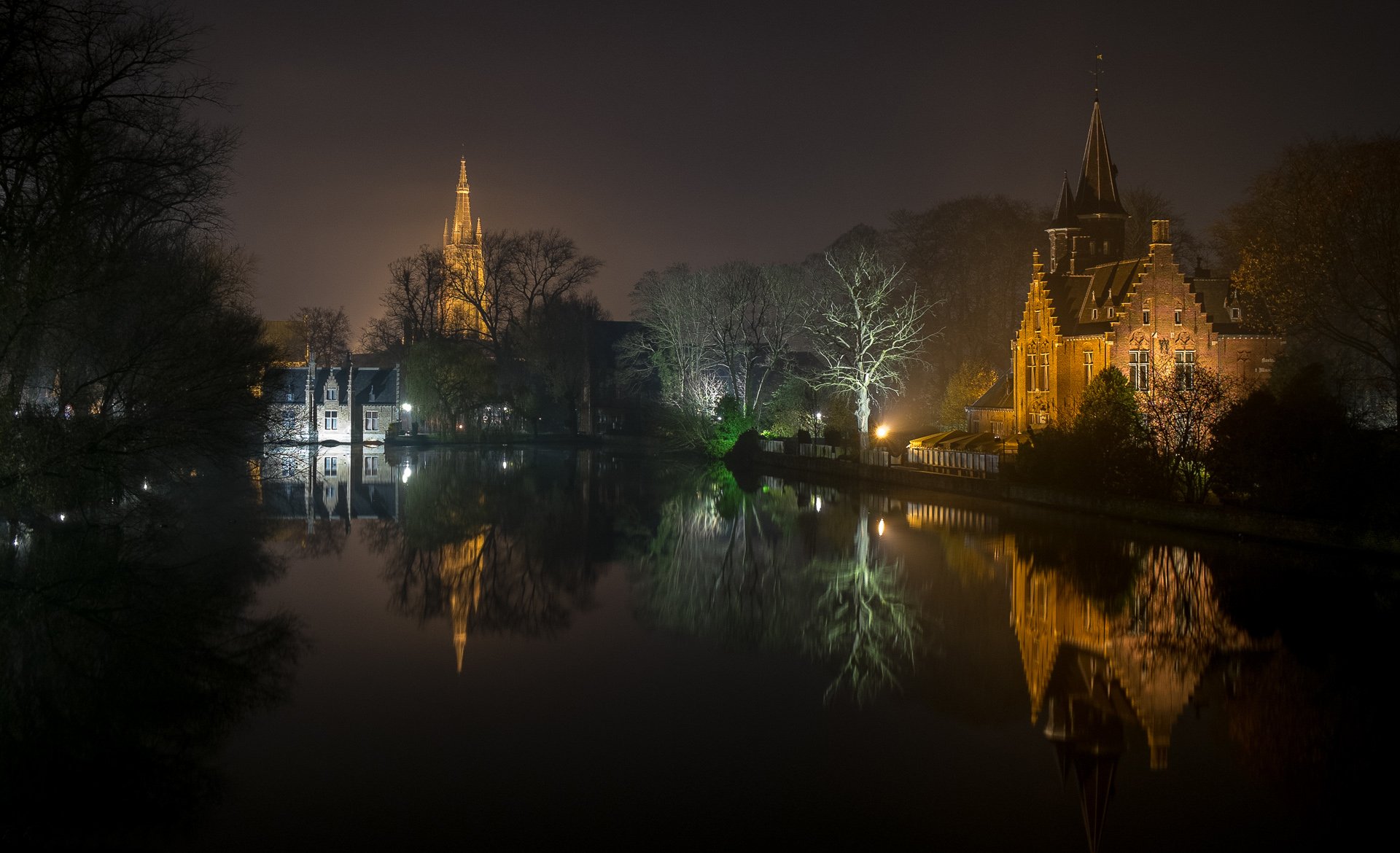 belgium west flanders bruges night lights reflection