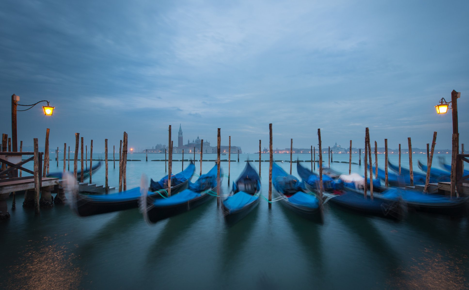 piazza san marco venice italy town channel boat of the nacelle lamps night sky clouds