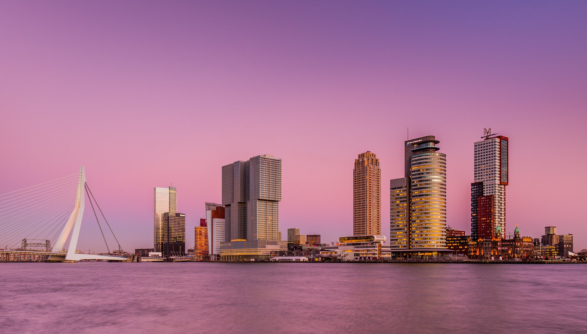 the netherlands rotterdam town skyscraper bridge river pink sky