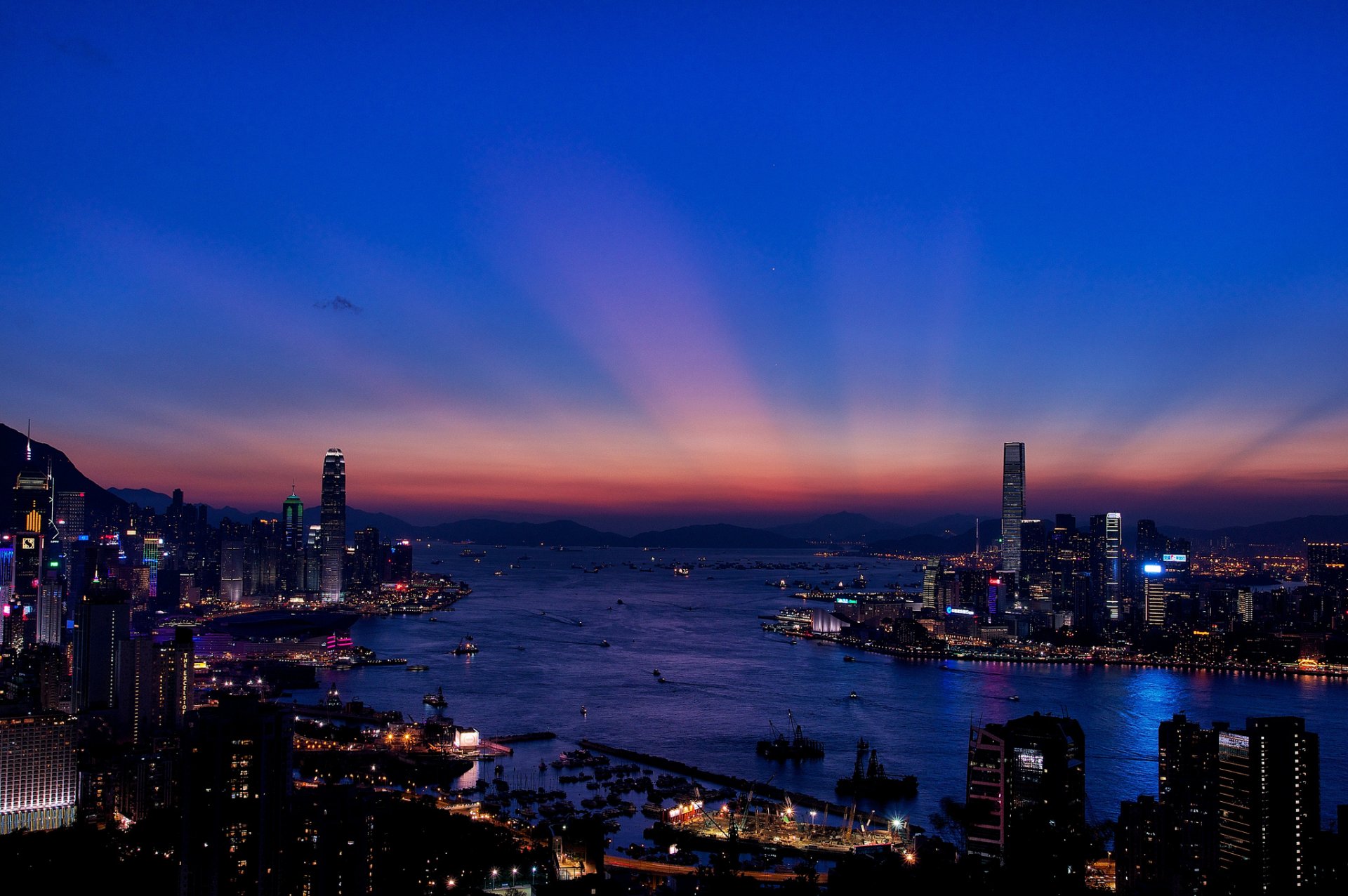 hong kong night gulf lights skyscraper buildings town panoramma
