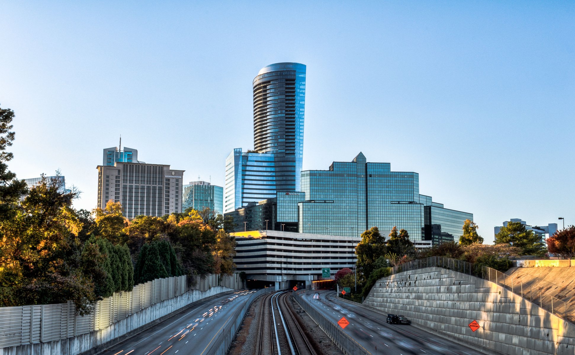 town skyscraper sky tree road atlanta georgia united states city skyscrapers trees highway buckhead usa hdr
