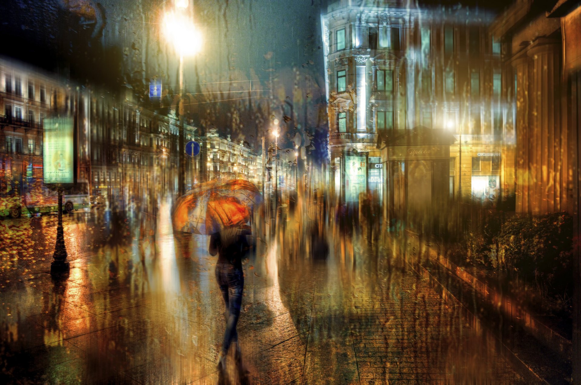 st. petersburg night rain drops girl umbrella