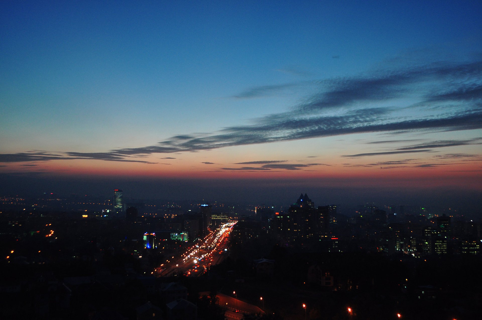 almaty night lights road sunset