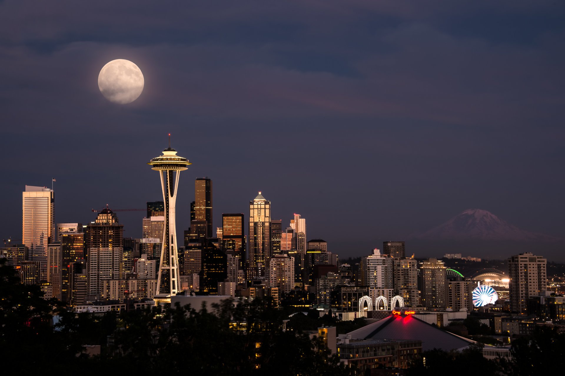 united states town seattle tower space needle buildings house night lights sky moon mount rainier in the distance