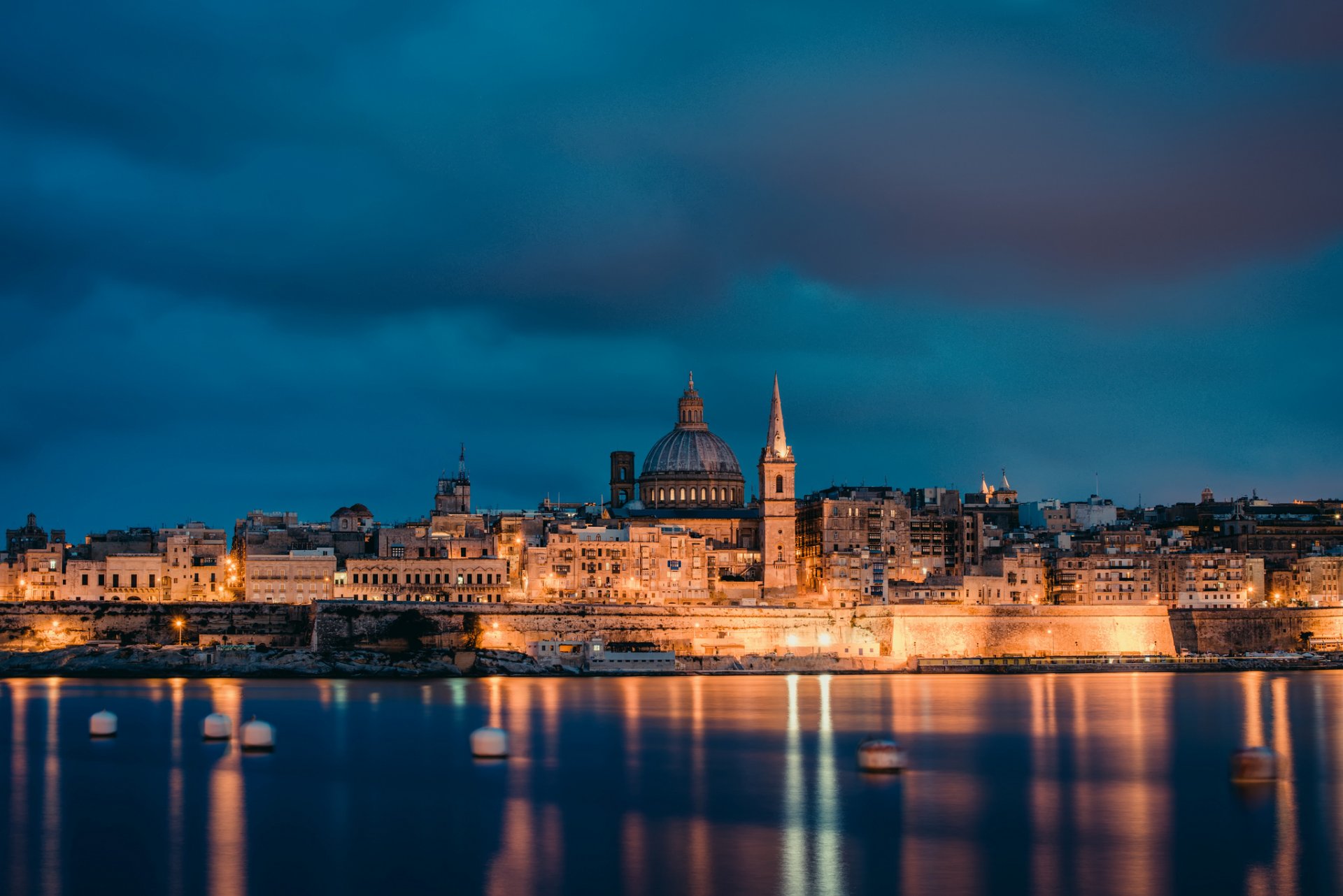 malta valletta capital night architecture lighting lights coast sea sky clouds