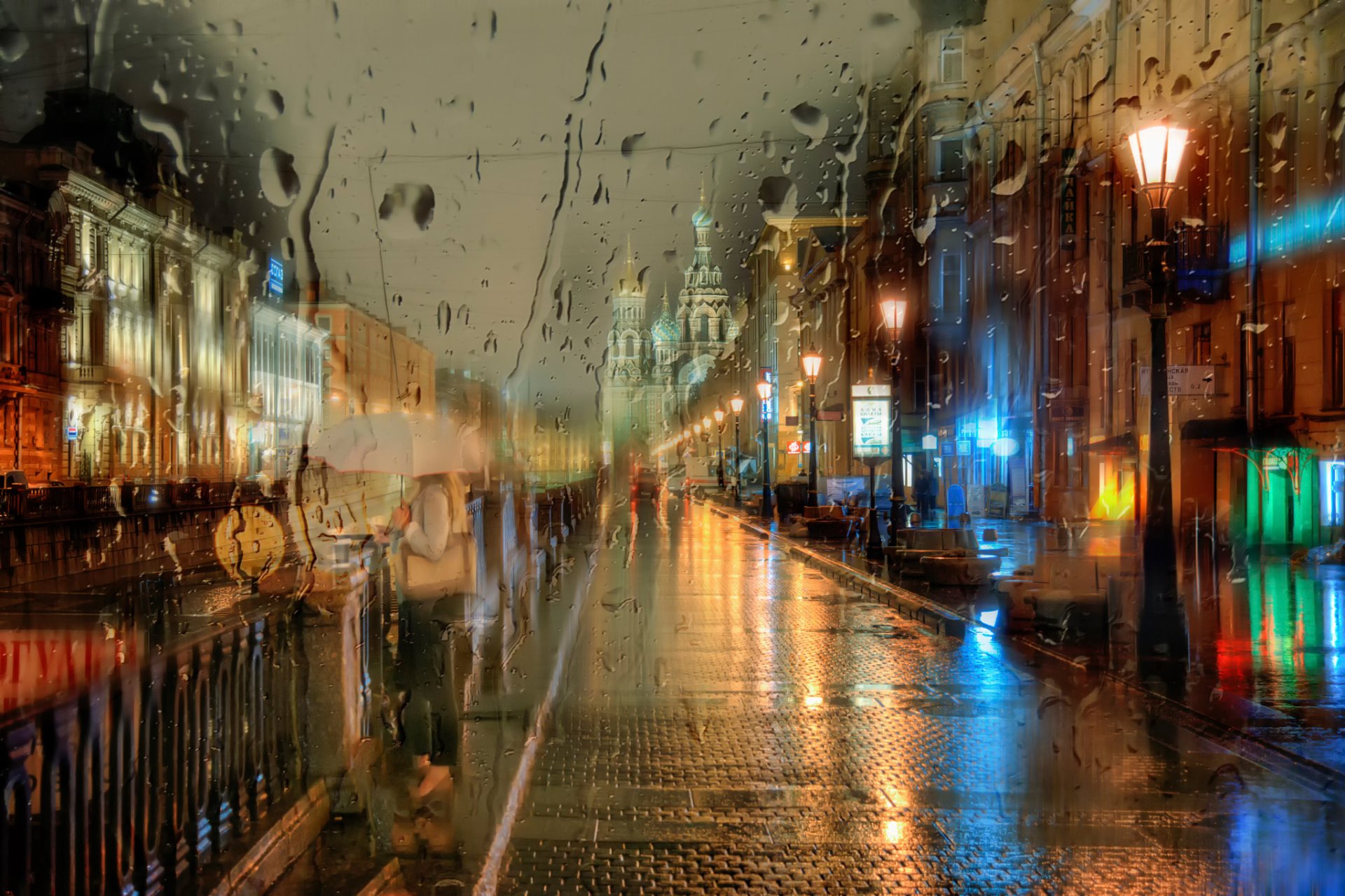 st. petersburg night rain girl umbrella