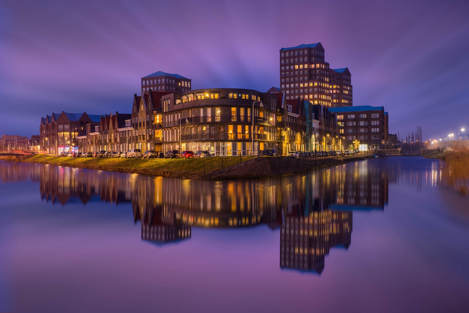 the netherlands town amersfoort house buildings light night river purple sky reflection