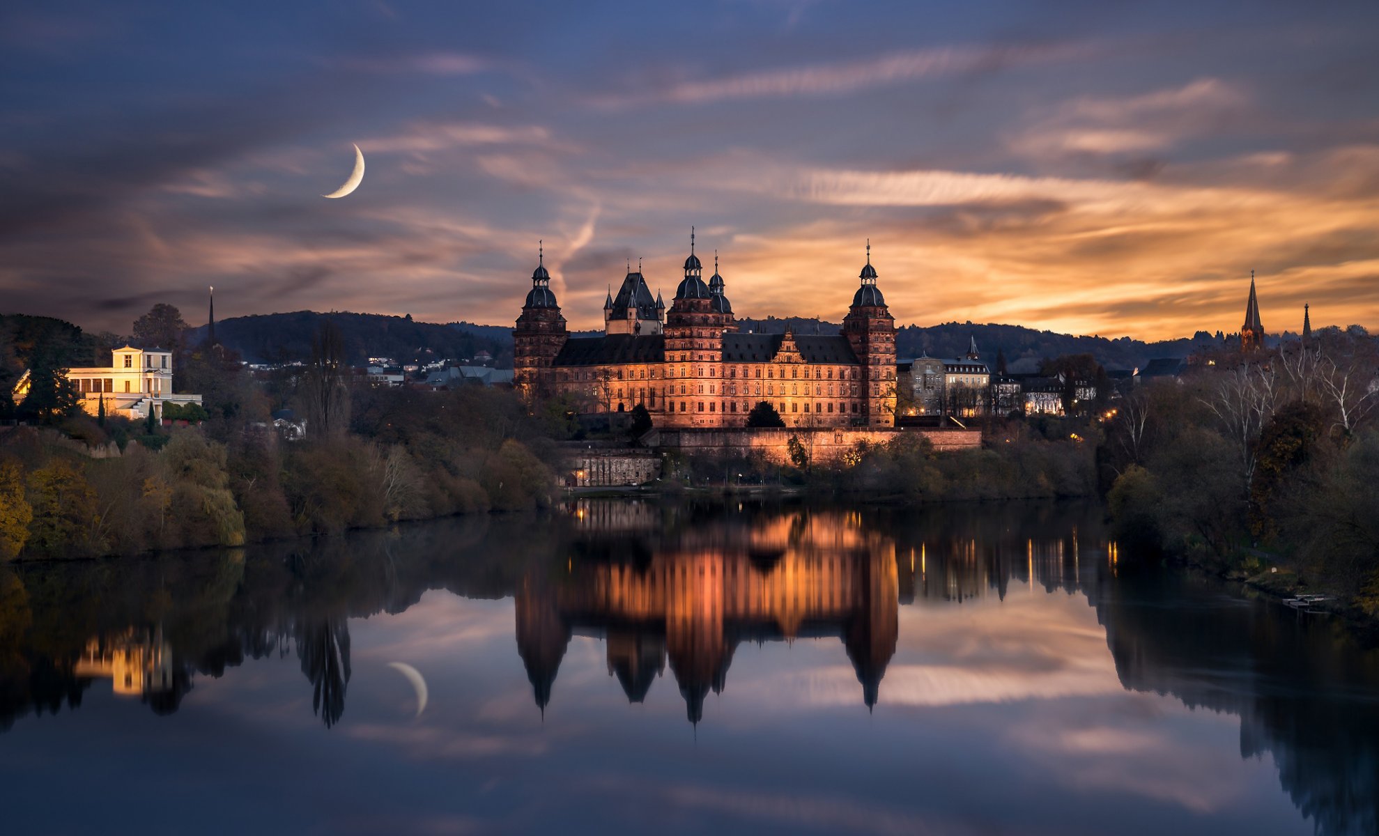 germany town aschaffenburg renaissance castle johannesburg night moon water reflection