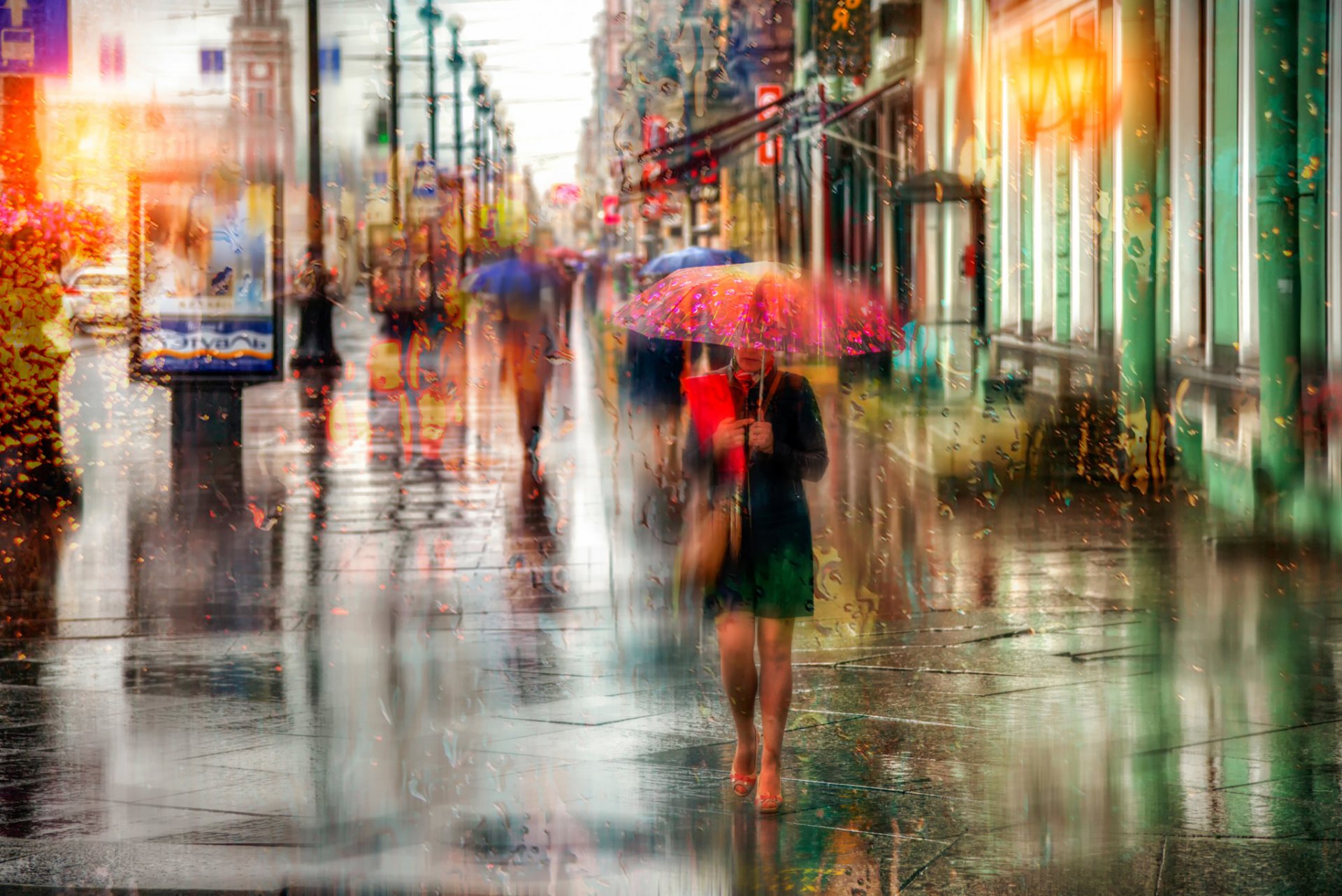 st. petersburg russia nevsky prospect rain drops girl umbrella