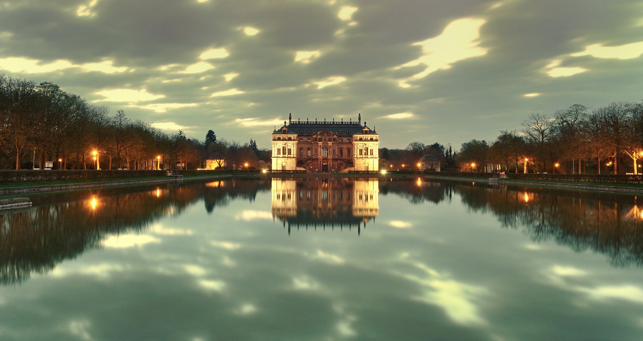 dresden park twilight lamps castle lake reflection
