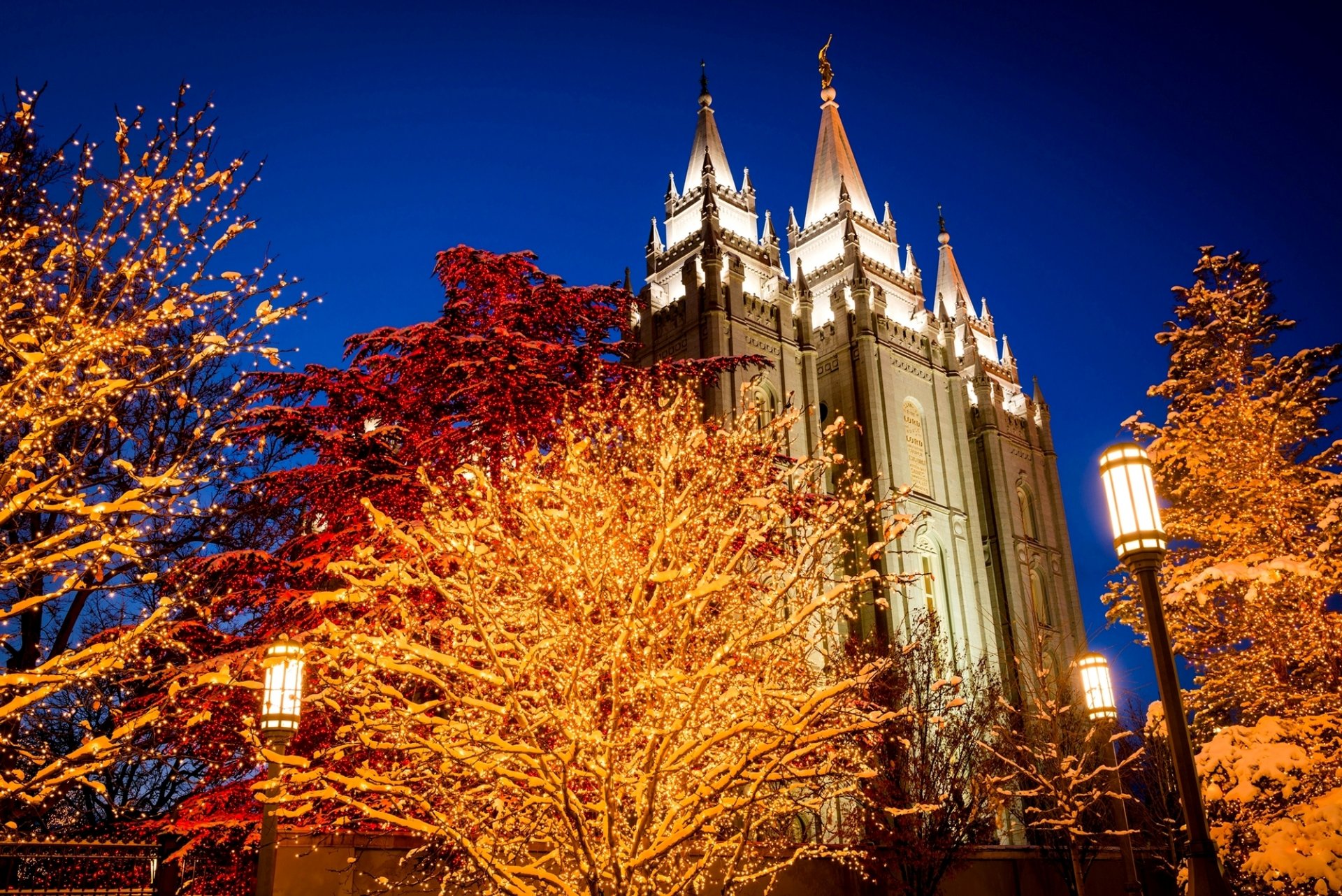 utah temple square salt lake city usa united states of america united states night town square church winter holidays tree lights garland lamps light