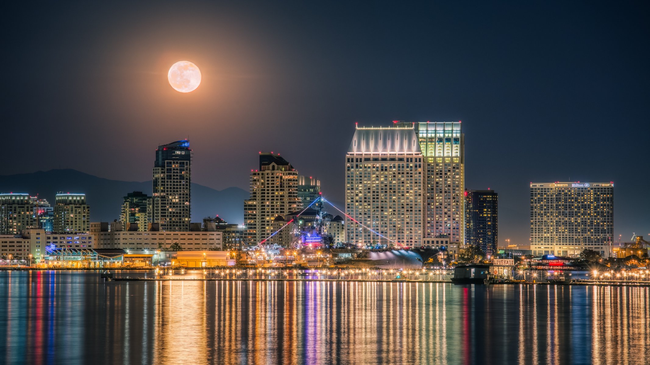 san diego california san diego bay san - diego san diego harbor the port the carrier ship night city buildings water reflections moon