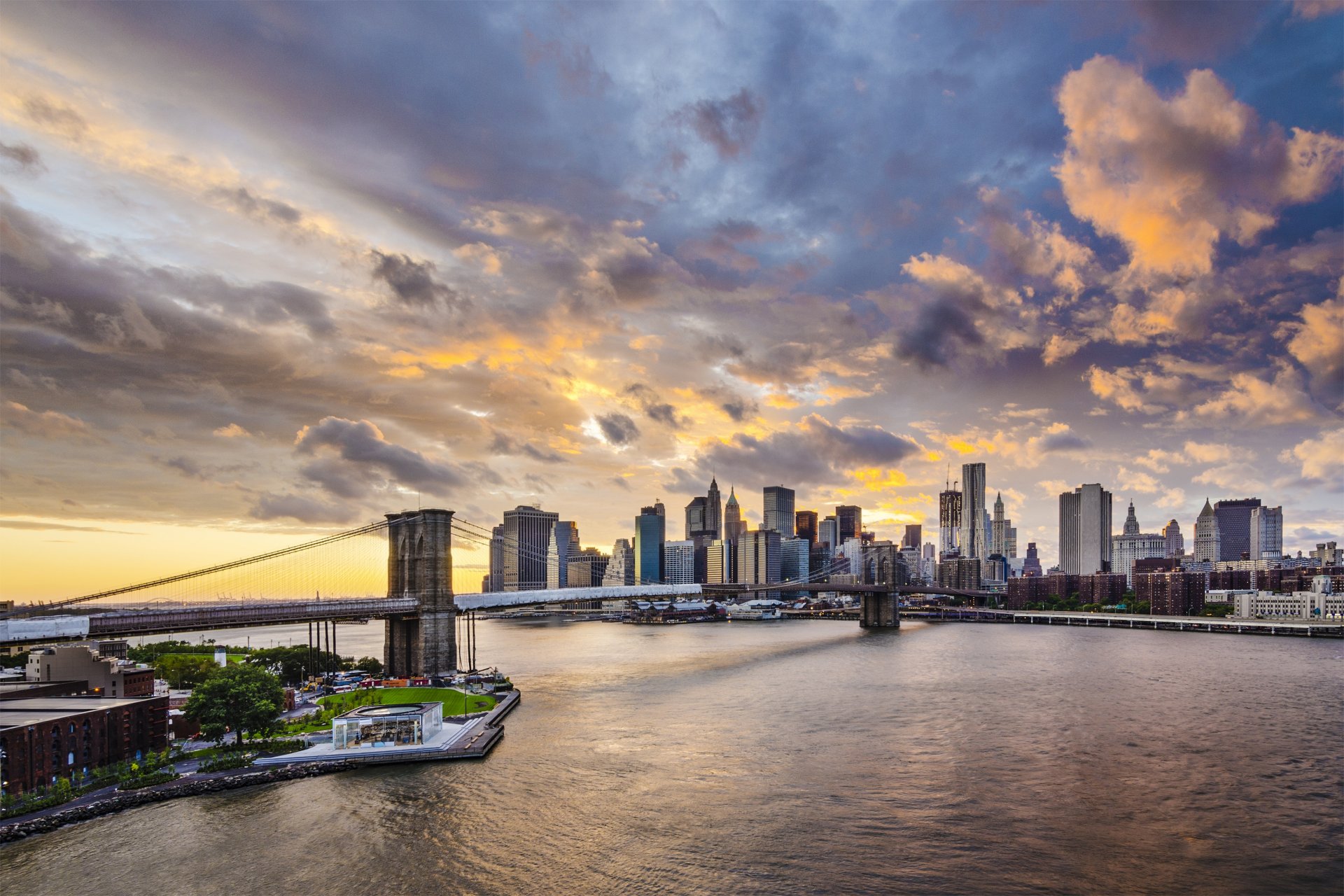 brooklyn bridge east river manhattan new york city new york buildings embankment clouds bridge