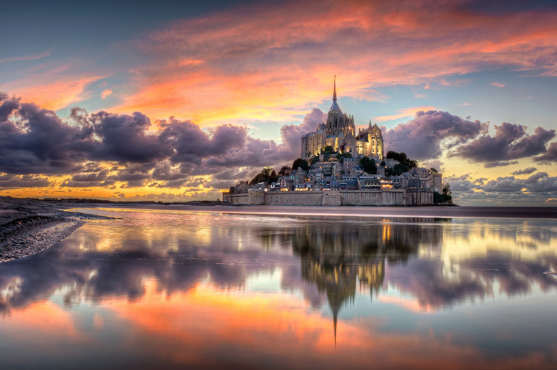 france normandy town island fortress mont -saint-michel mountain archangel michael night clouds