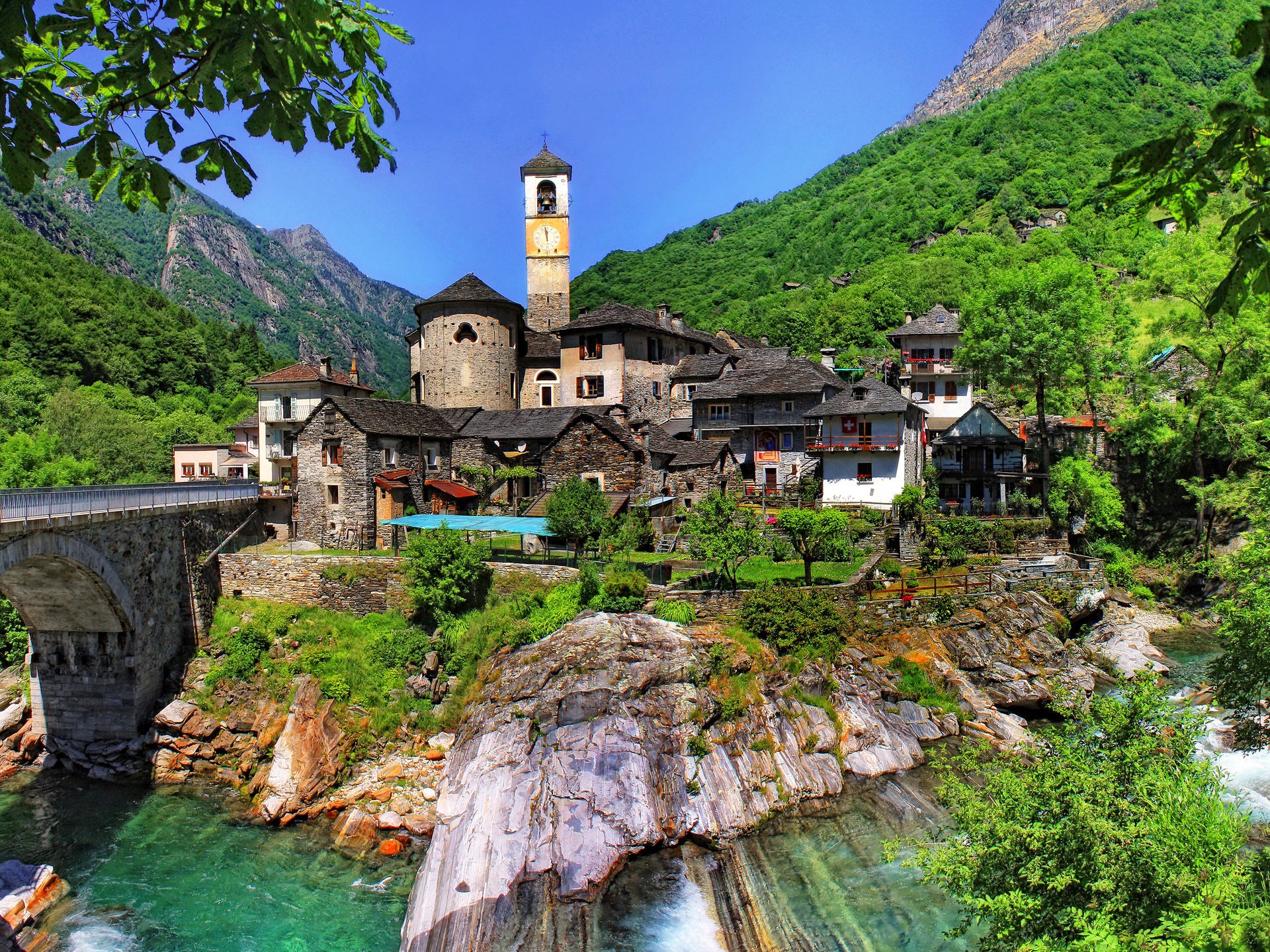 switzerland ticino lavertezzo sky mountain house tree landscape rock river bridge tower slope