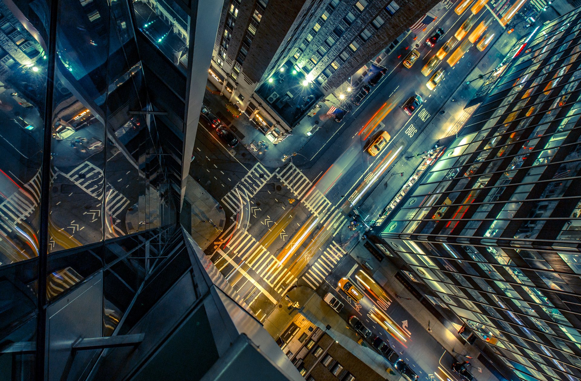 midtown new york city town united states usa street road car taxi crossroads skyscraper building night lights top view height