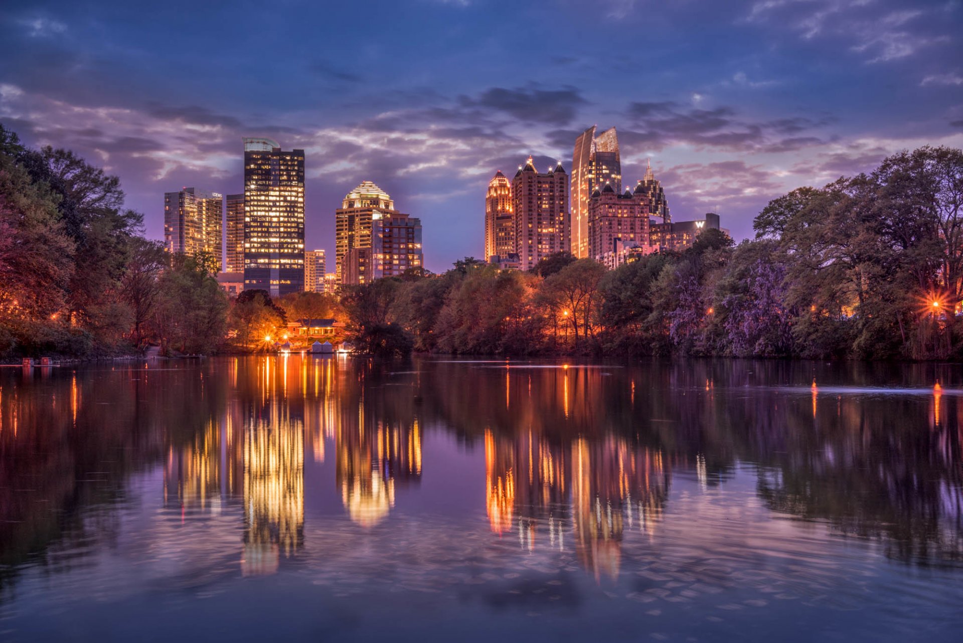 atlanta georgia usa trees river piedmont park midtown united states town night house skyscraper lighting lights tree sky clouds reflection