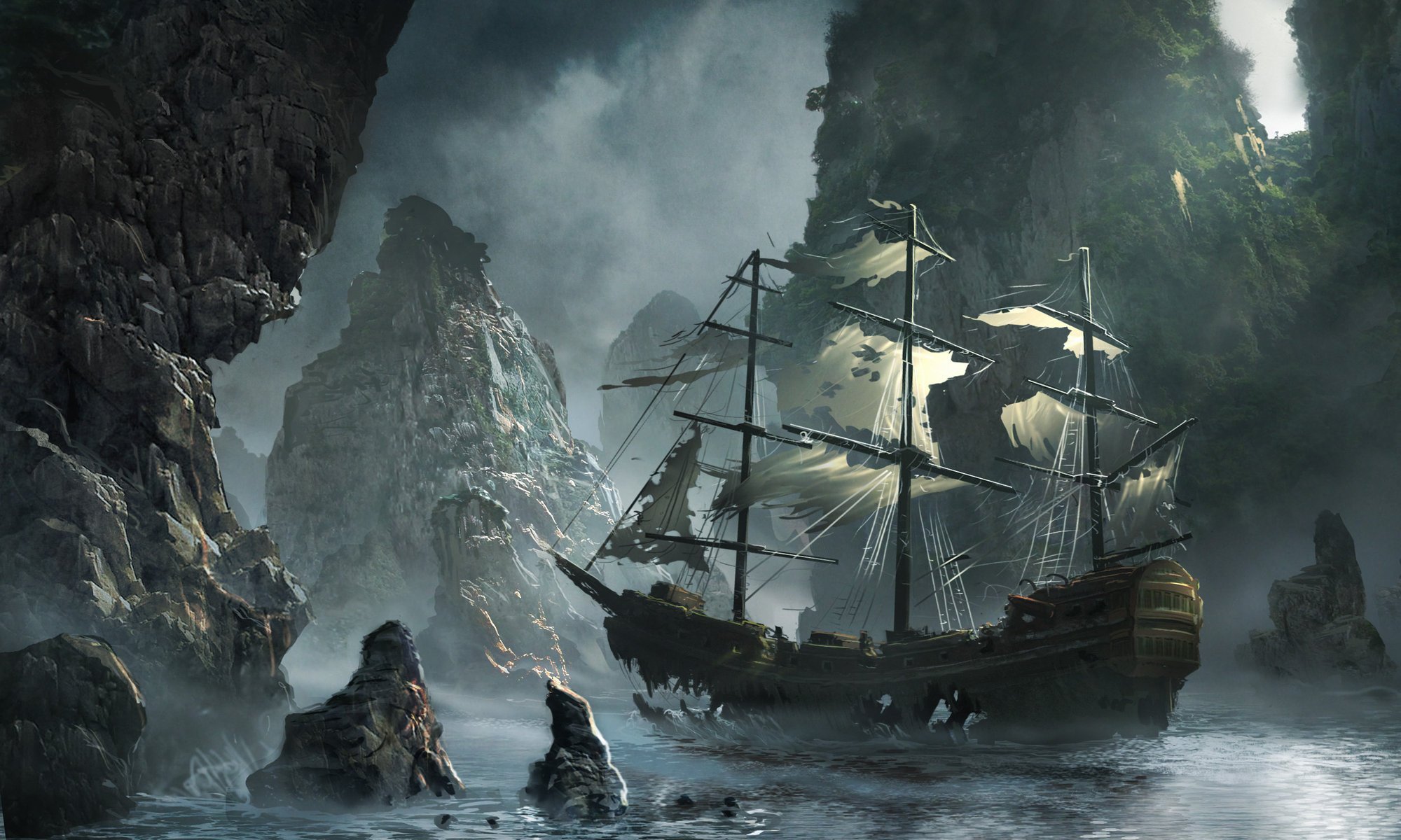 A dilapidated ghost ship among the rocks at sea