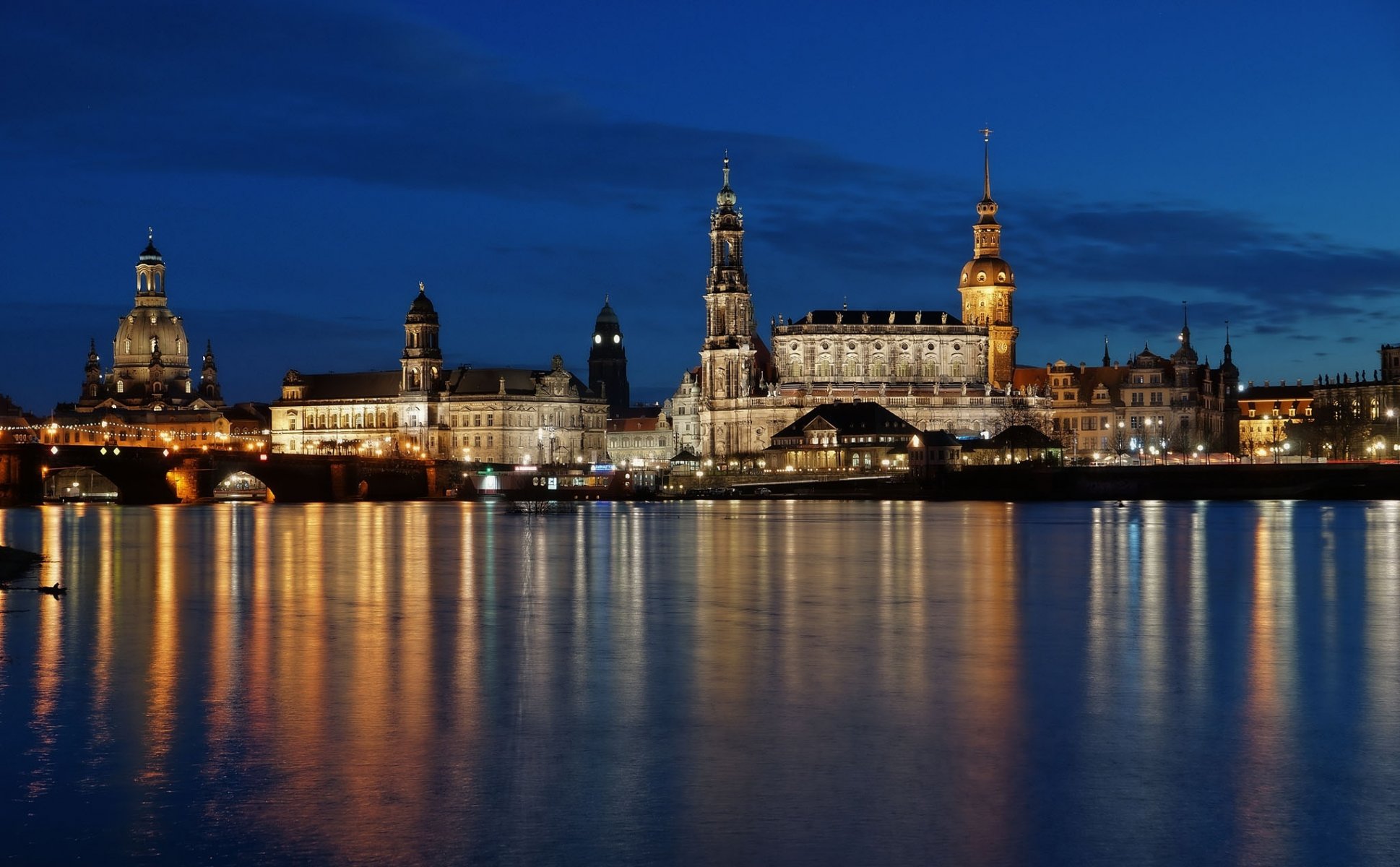 dresden germany deutschland night water light reflection house buildings architecture bridge