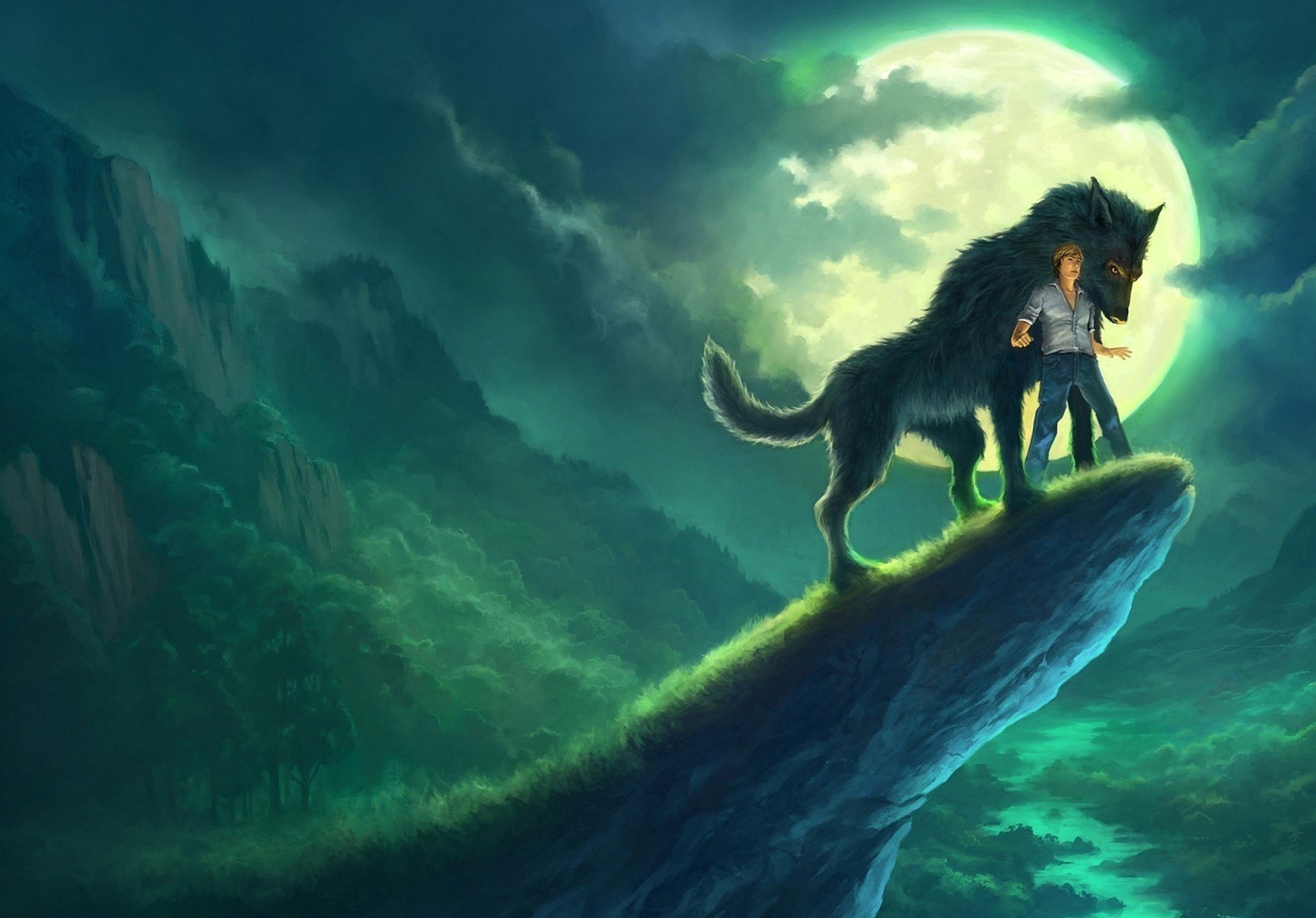 Landscape in green-blue tones wolf on a cliff against the background of a large moon with clouds in front of him is a man