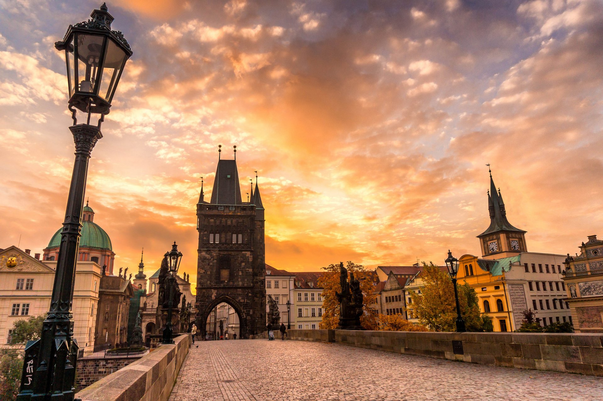 prague praha czech republic česká republika karlův most charles bridge town autumn architecture bridge paving sculpture sunset sky clouds