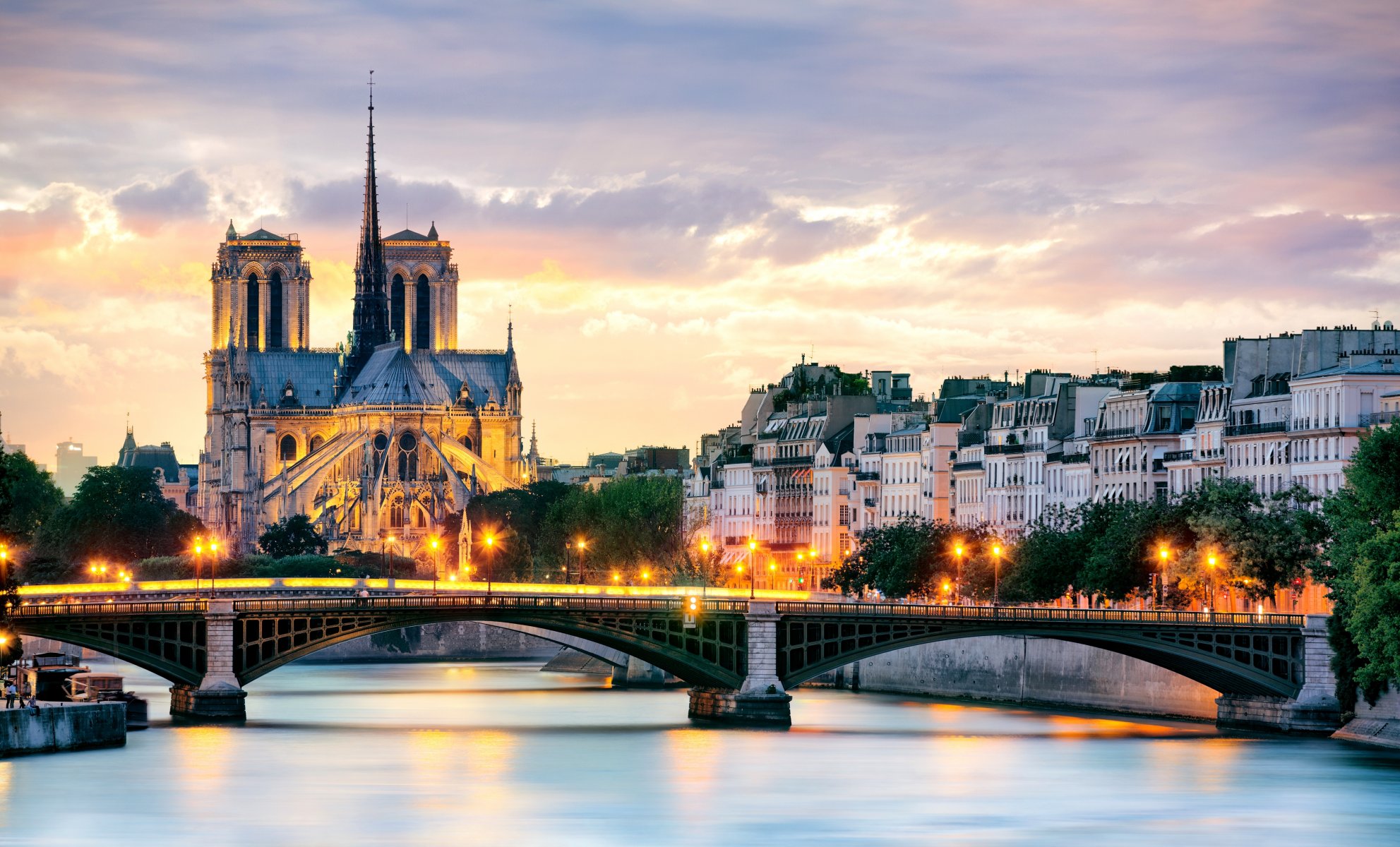 paris france town notre dame de paris notre - dame de paris notre dame bridge lighting lamps river price house buildings roof tree night