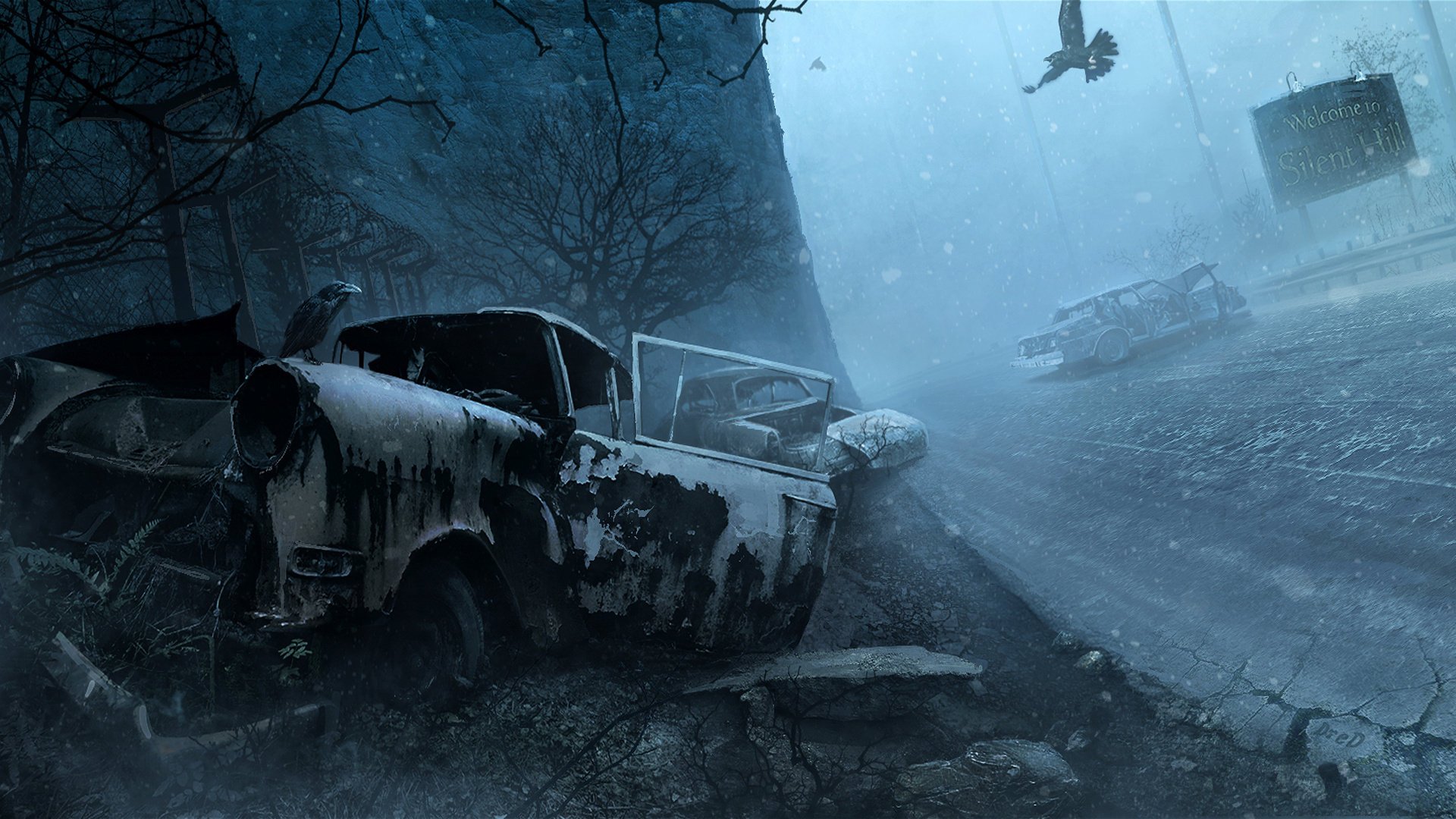 Destroyed cars on a winter night for the Silent Hill game