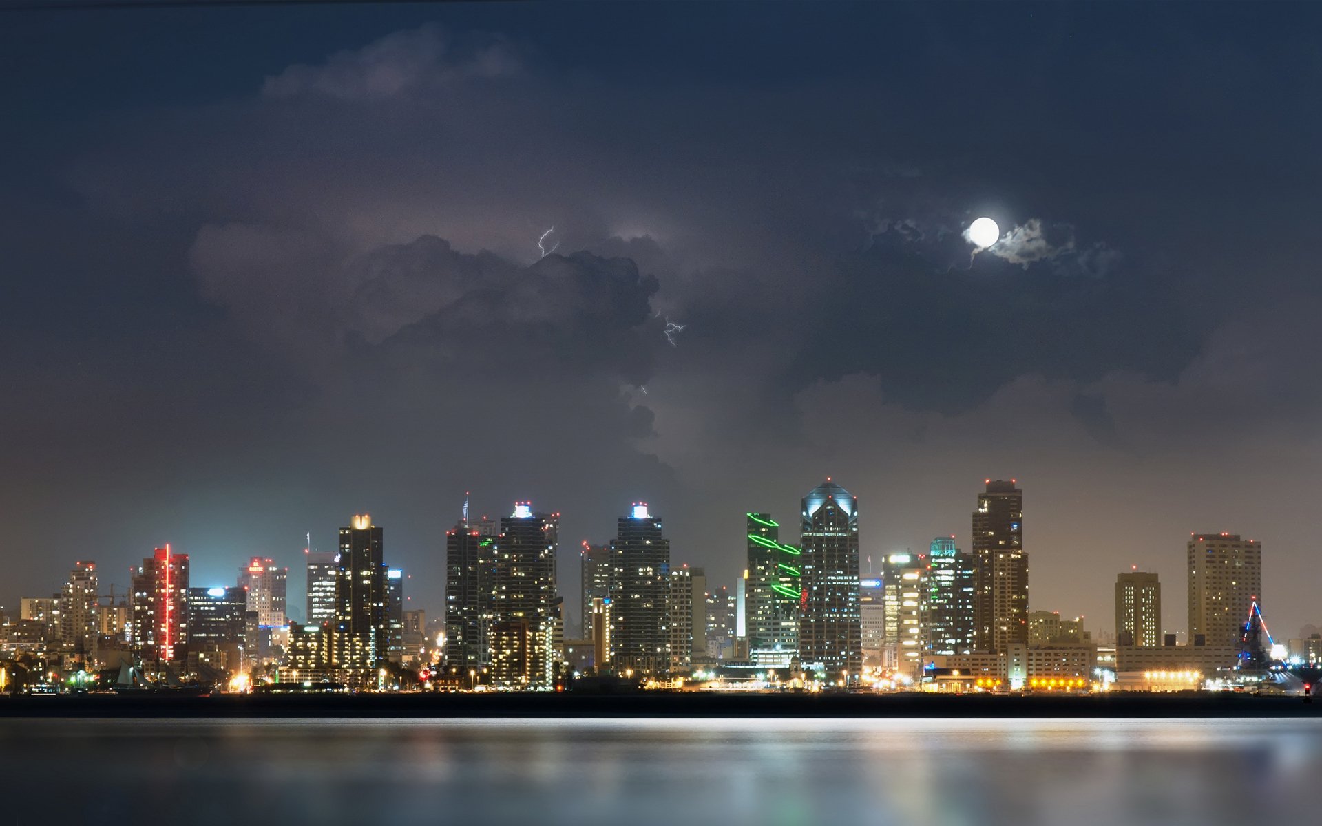 san diego town night river water lights moon clouds the storm lightning skyscraper