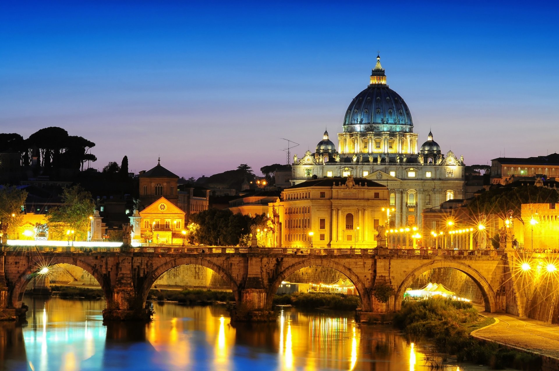 st. peter's basilica st. angelo bridge rome italy bridge sant'angelo vatican city town night lighting