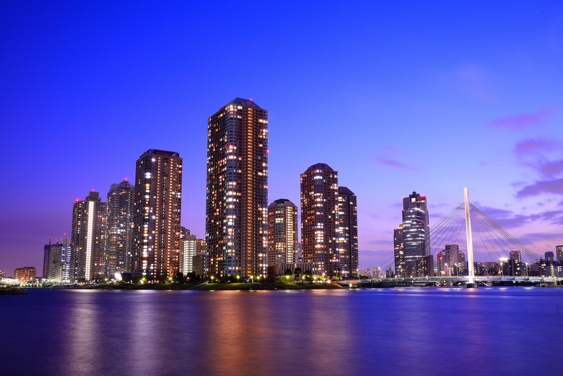 japan tokyo capital metropolis skyscraper night bridge light lights river blue lilac sky clouds