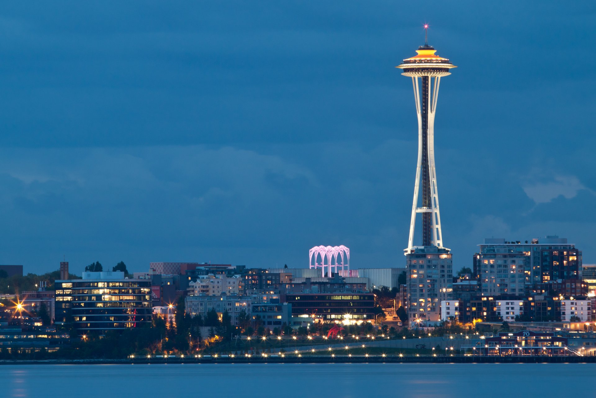 usa washington seattle space needle city evening lights bay united states town night gulf