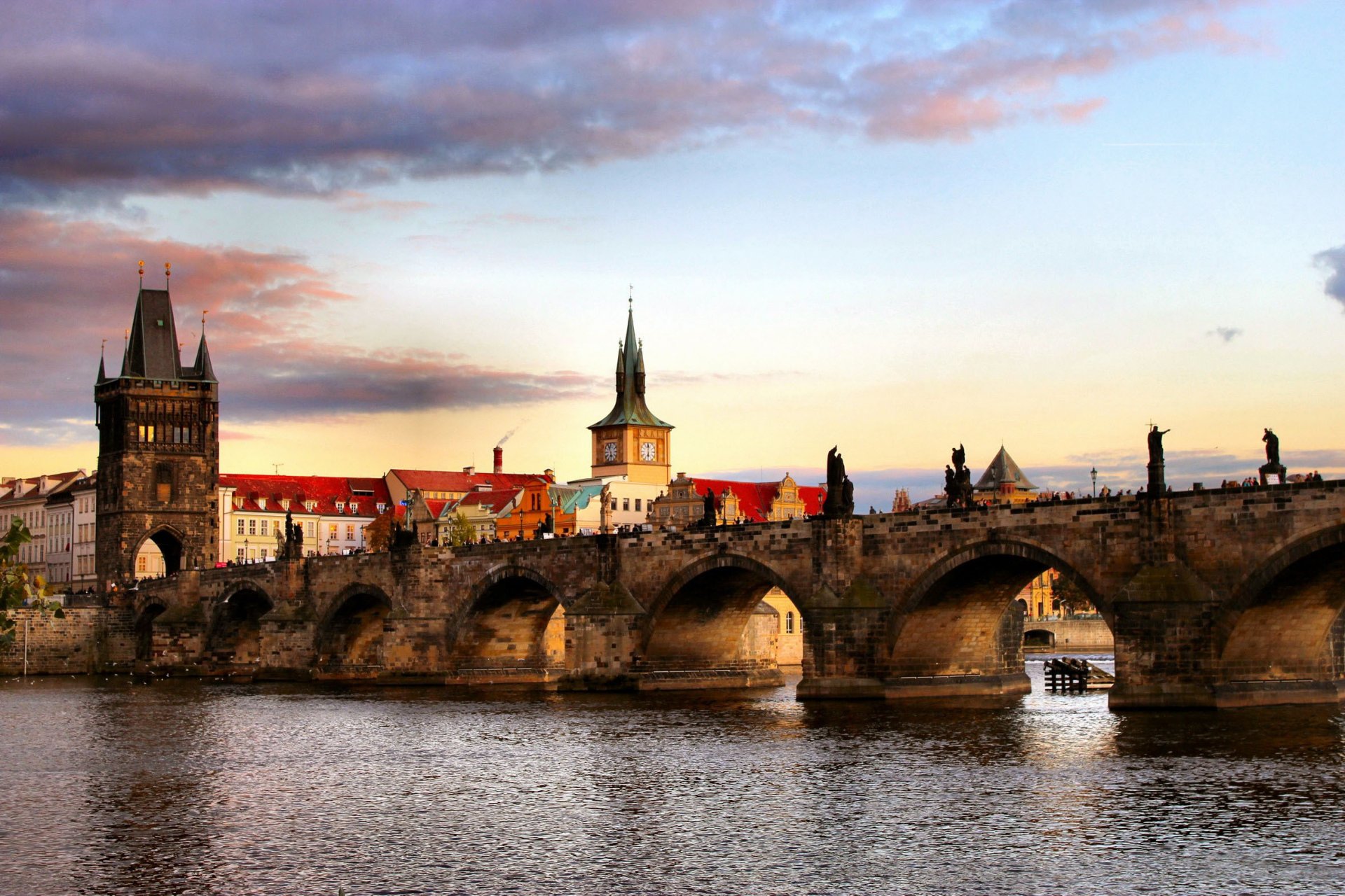 town czech republic prague praga nice views to bridge tower and charles medieval through river vltava .