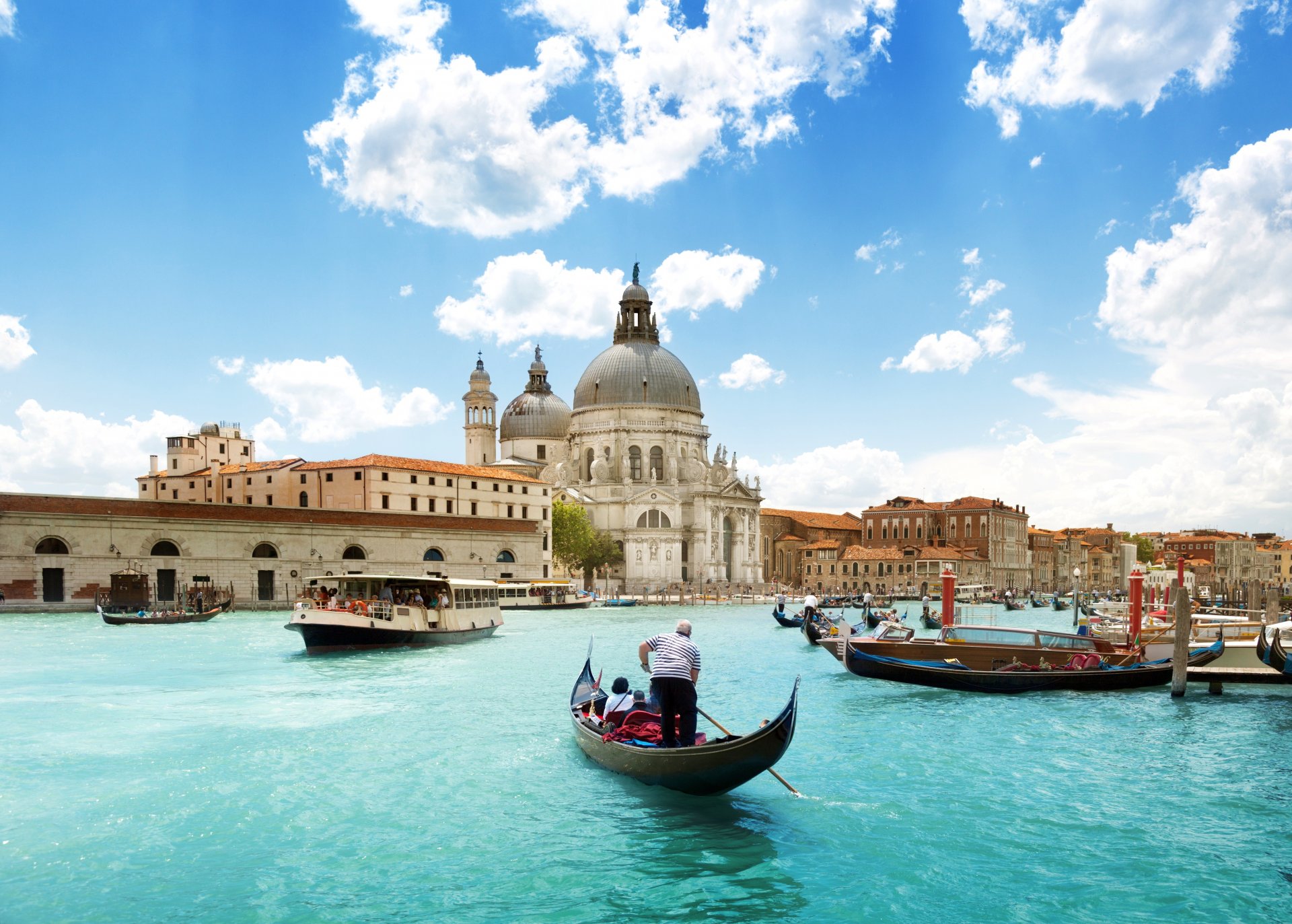 basilica di santa maria della salute cathedral santa maria della salute italy venice town canal grande grand canal sea of the nacelle boat people architecture sky clouds