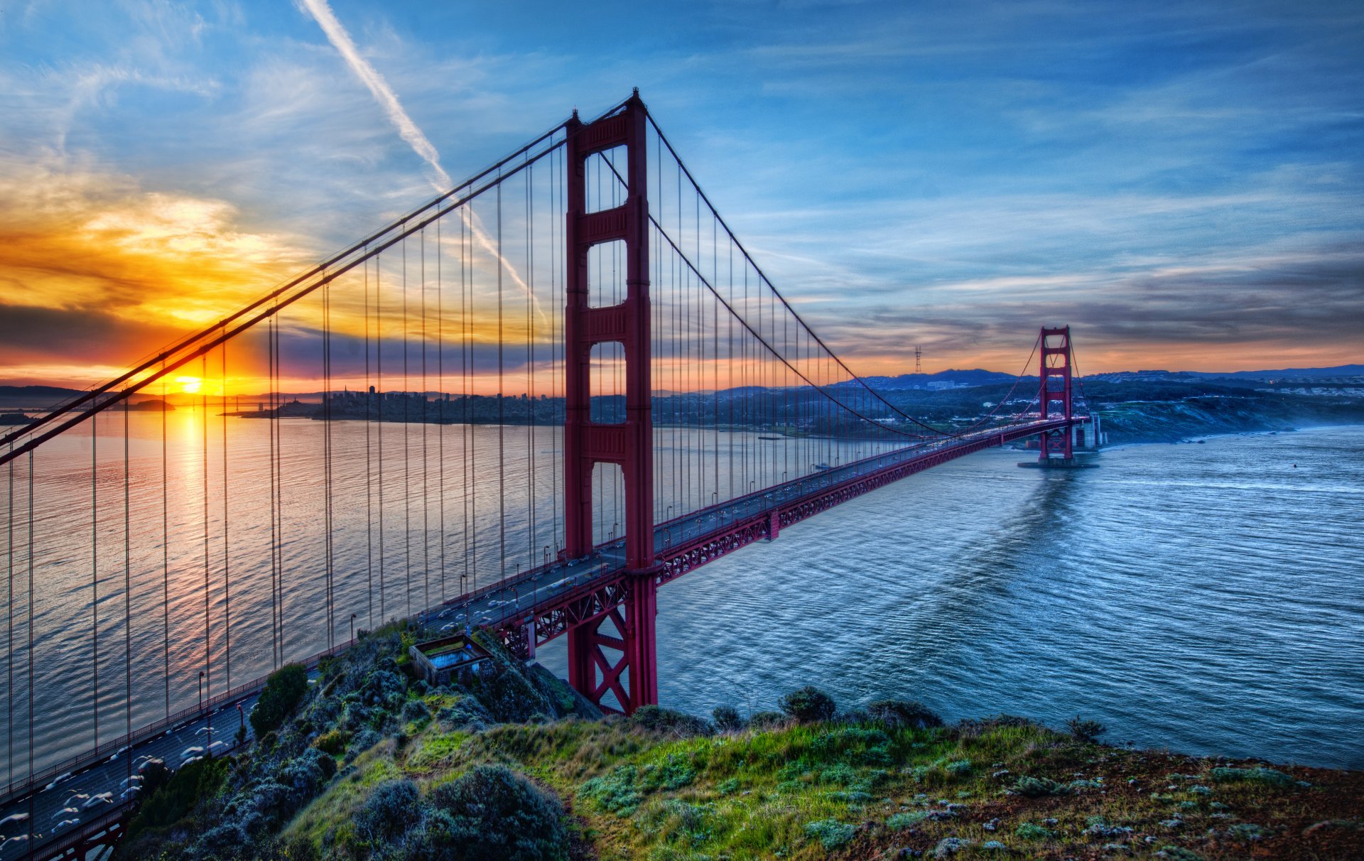 suspension bridge golden gate golden gate bridge san francisco california united states symbol of the city golden gate strait water sky sunset