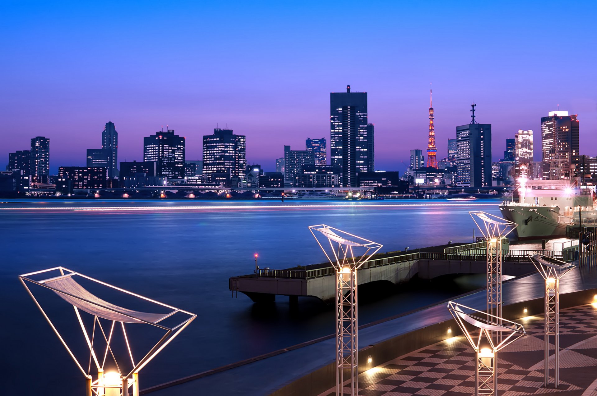 japan tokyo capital metropolis lights lighting extract tower house buildings skyscraper gulf night blue lilac sky