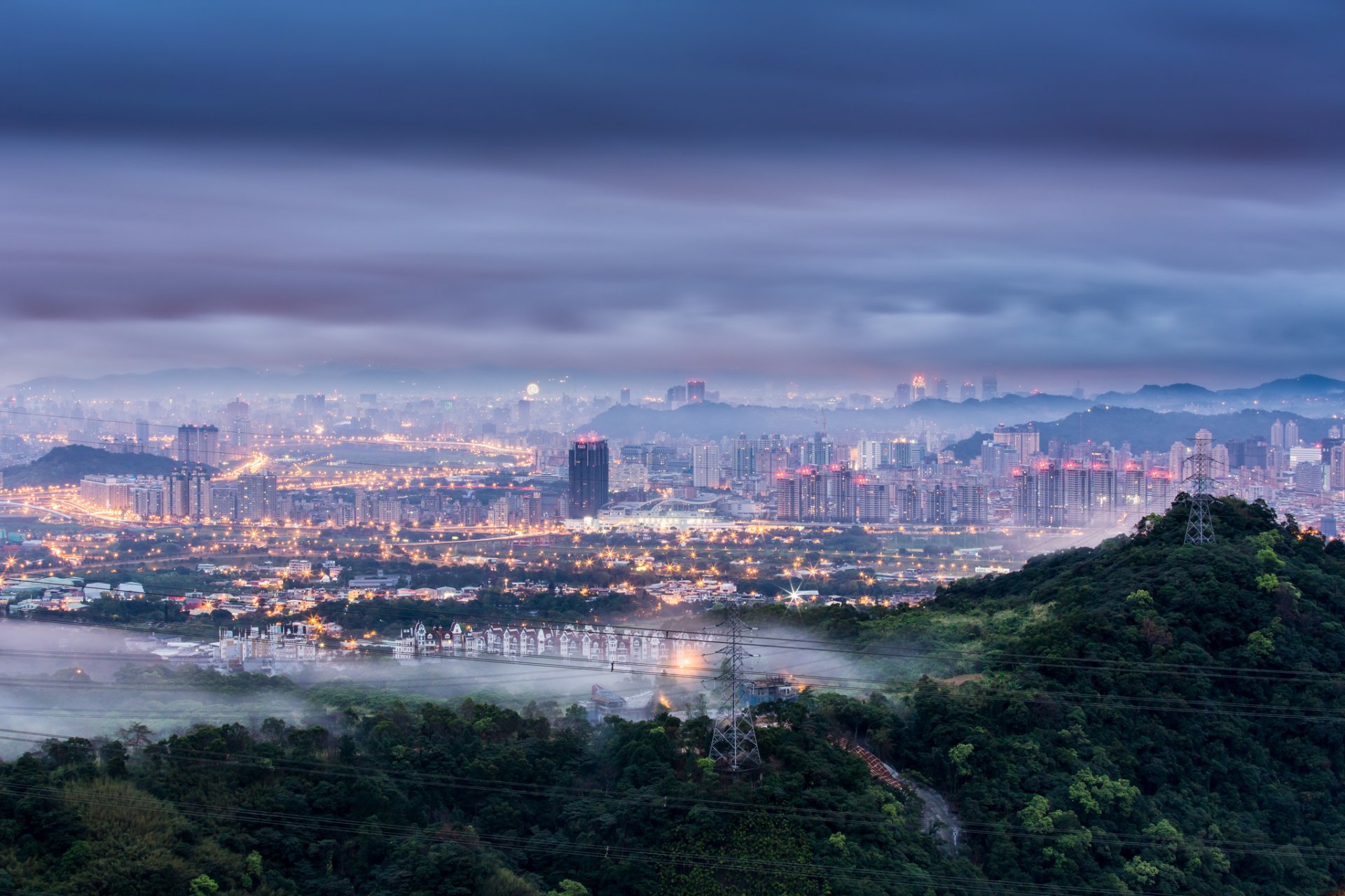 china taiwan taipei town dawn morning blue sky clouds fog haze lights lighting tree hills of the support wire views height panorama