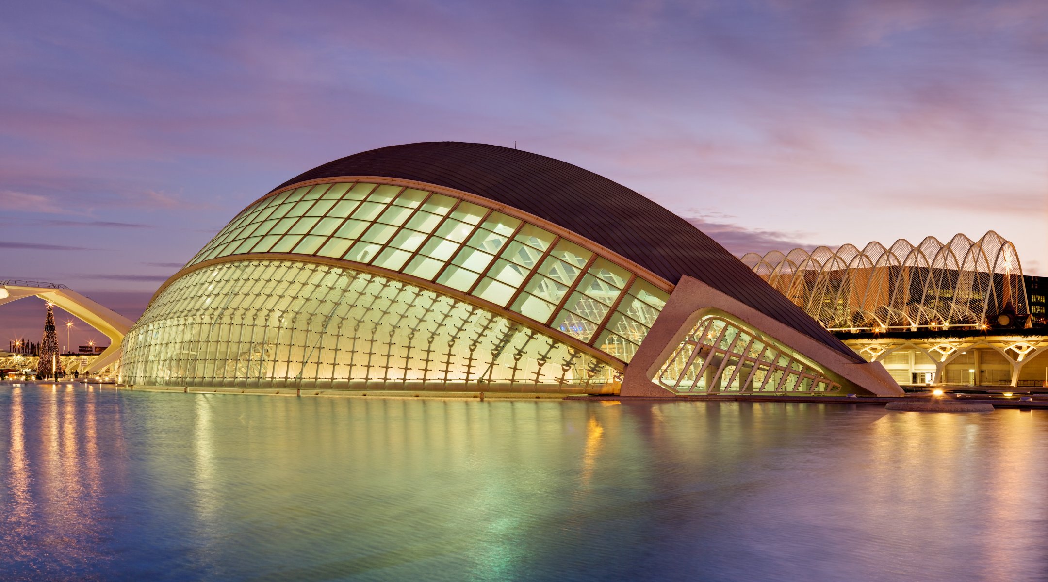 valencia spain l'hemisfèric cinema imax planetarium theatre laser productions city of arts and sciences christmas tree night twilight lights
