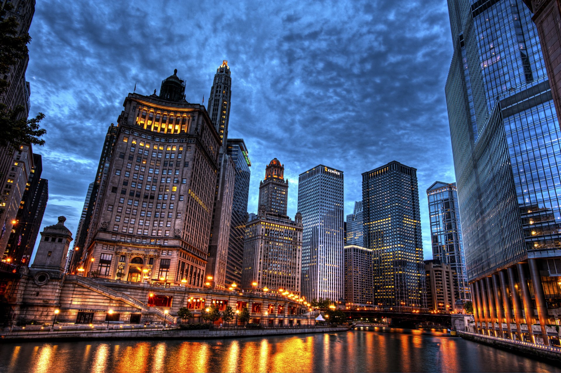 usa illinois chicago united states night sky rain town river bridge skyscraper buildings house high-rise buildings